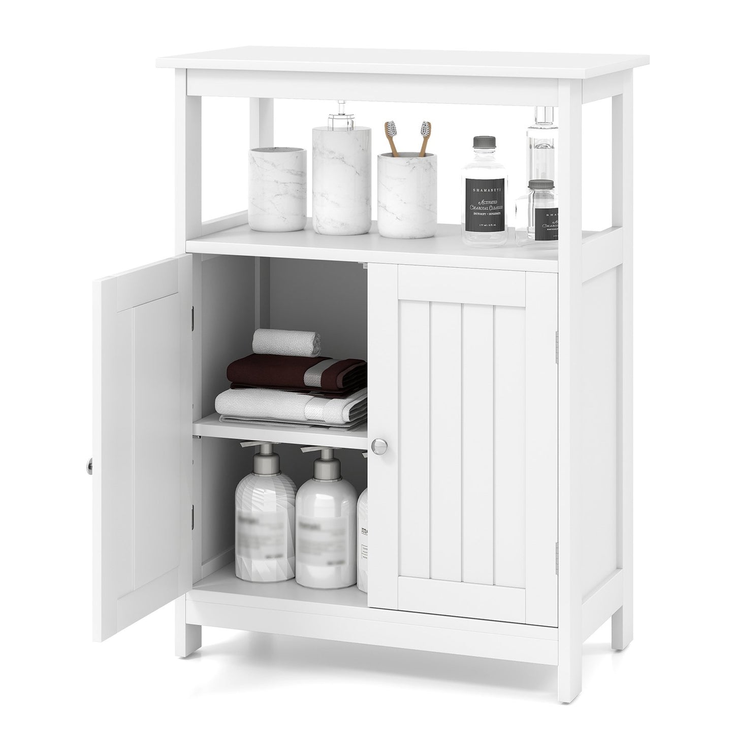 Bathroom Floor Cabinet Freestanding Storage Organizer with Open Compartment-Black