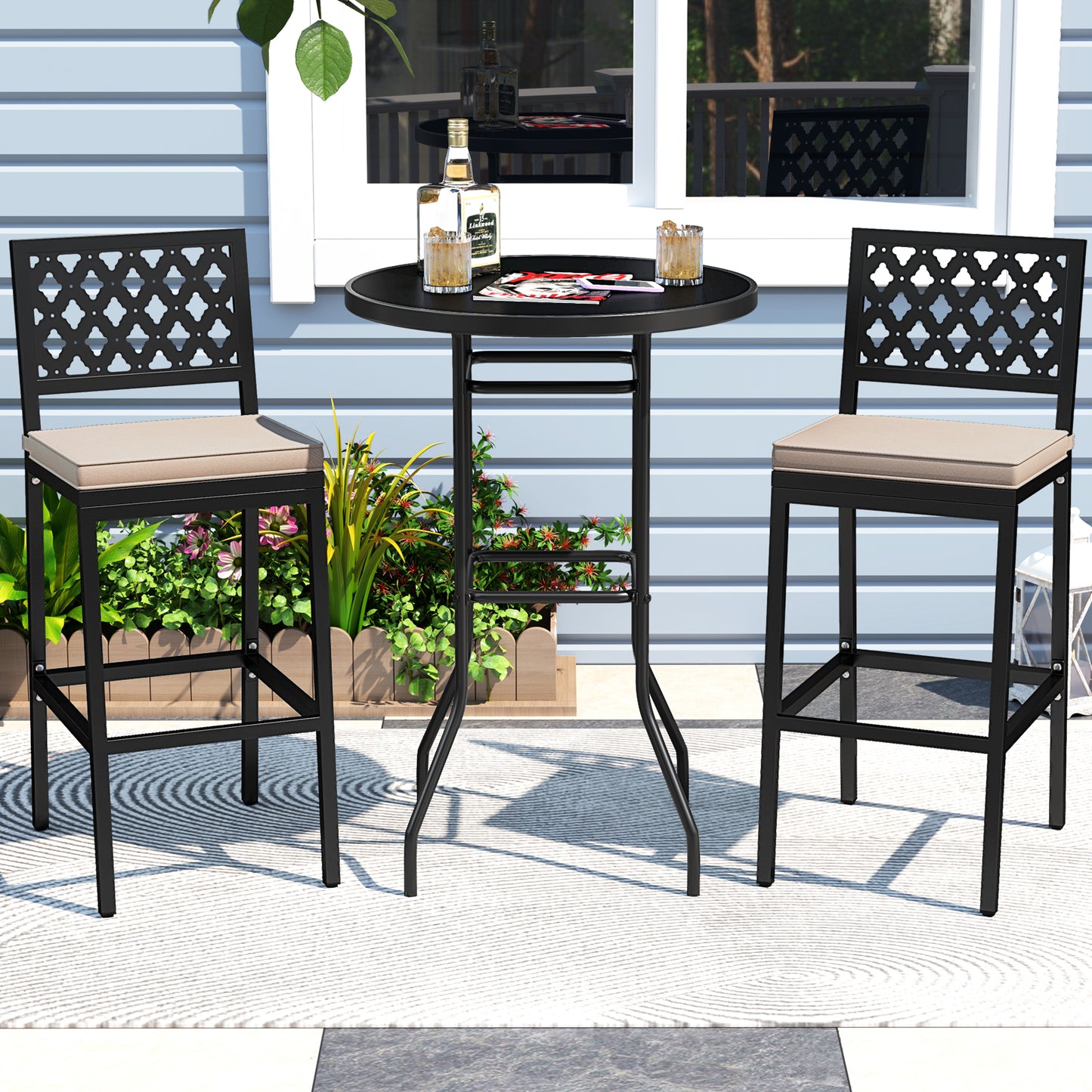 Set of 2 Patio Bar Chairs Counter Height with Detachable Cushion and Footrest-Argyle Pattern