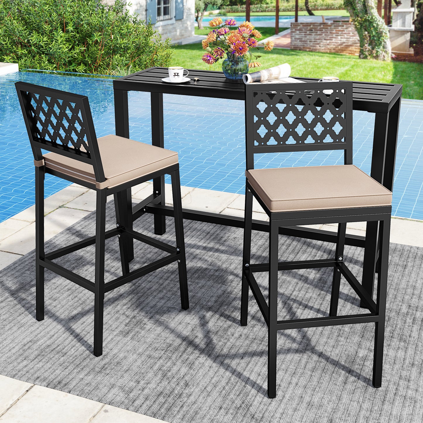 Set of 2 Patio Bar Chairs Counter Height with Detachable Cushion and Footrest-Argyle Pattern