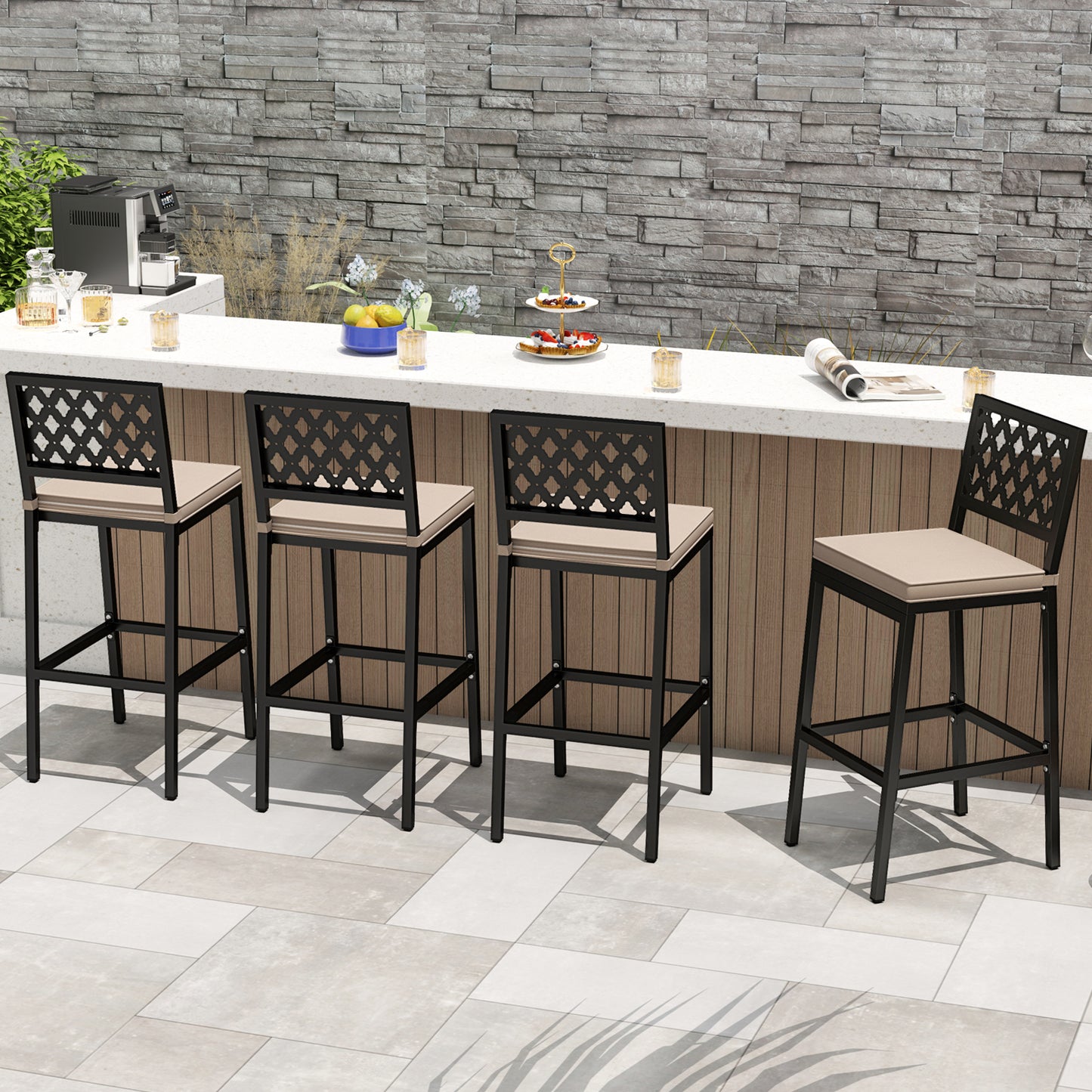 Set of 2 Patio Bar Chairs Counter Height with Detachable Cushion and Footrest-Argyle Pattern