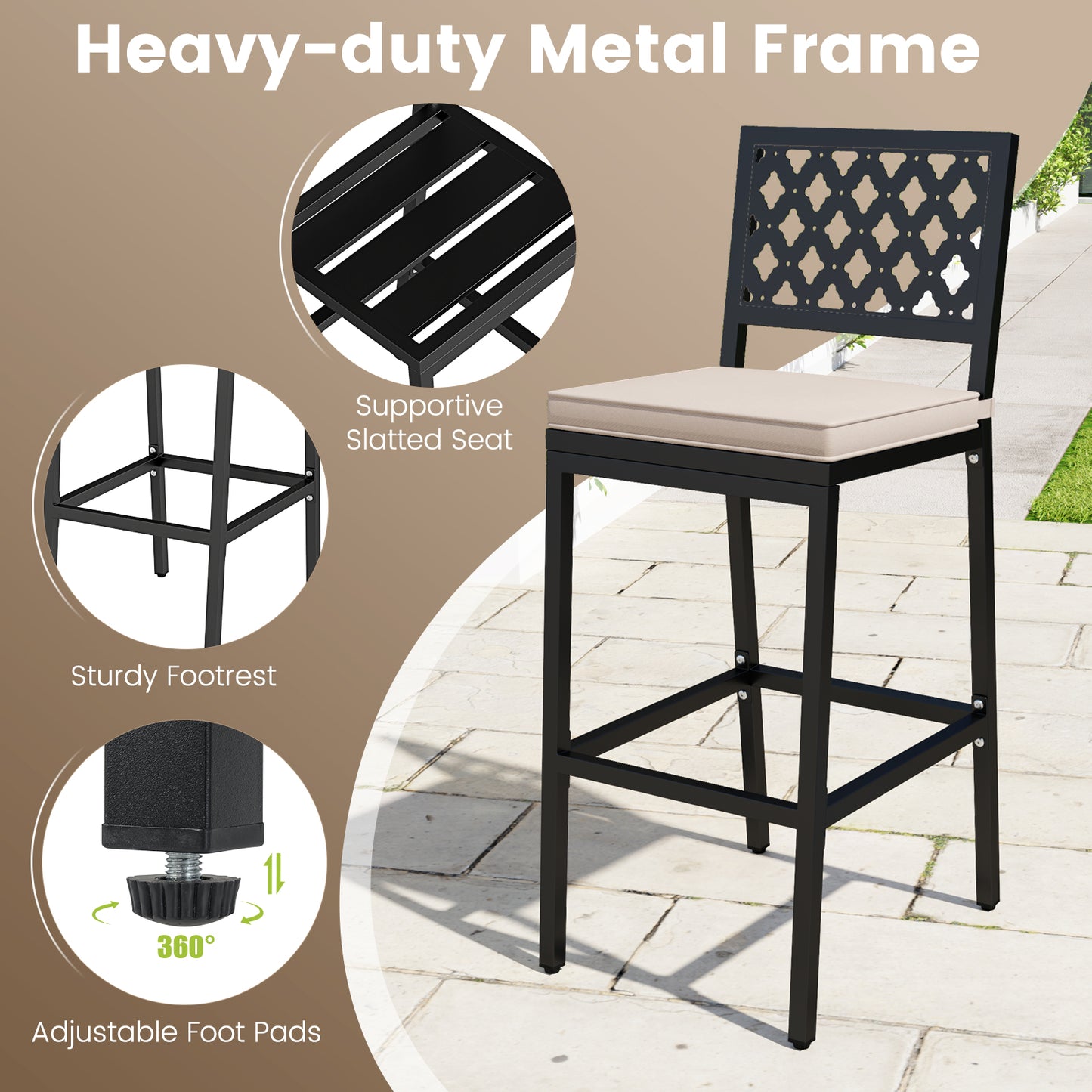 Set of 2 Patio Bar Chairs Counter Height with Detachable Cushion and Footrest-Argyle Pattern