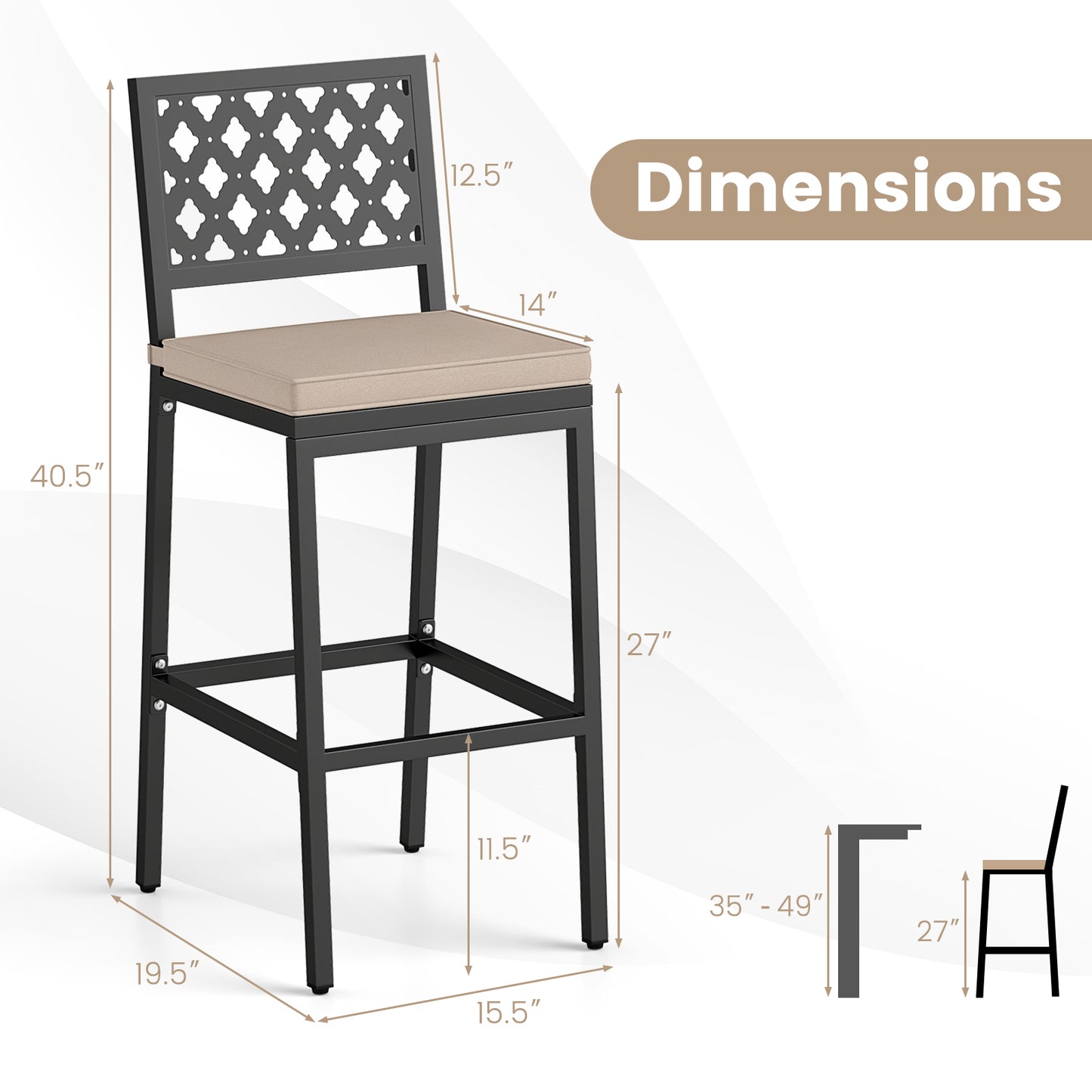 Set of 2 Patio Bar Chairs Counter Height with Detachable Cushion and Footrest-Argyle Pattern