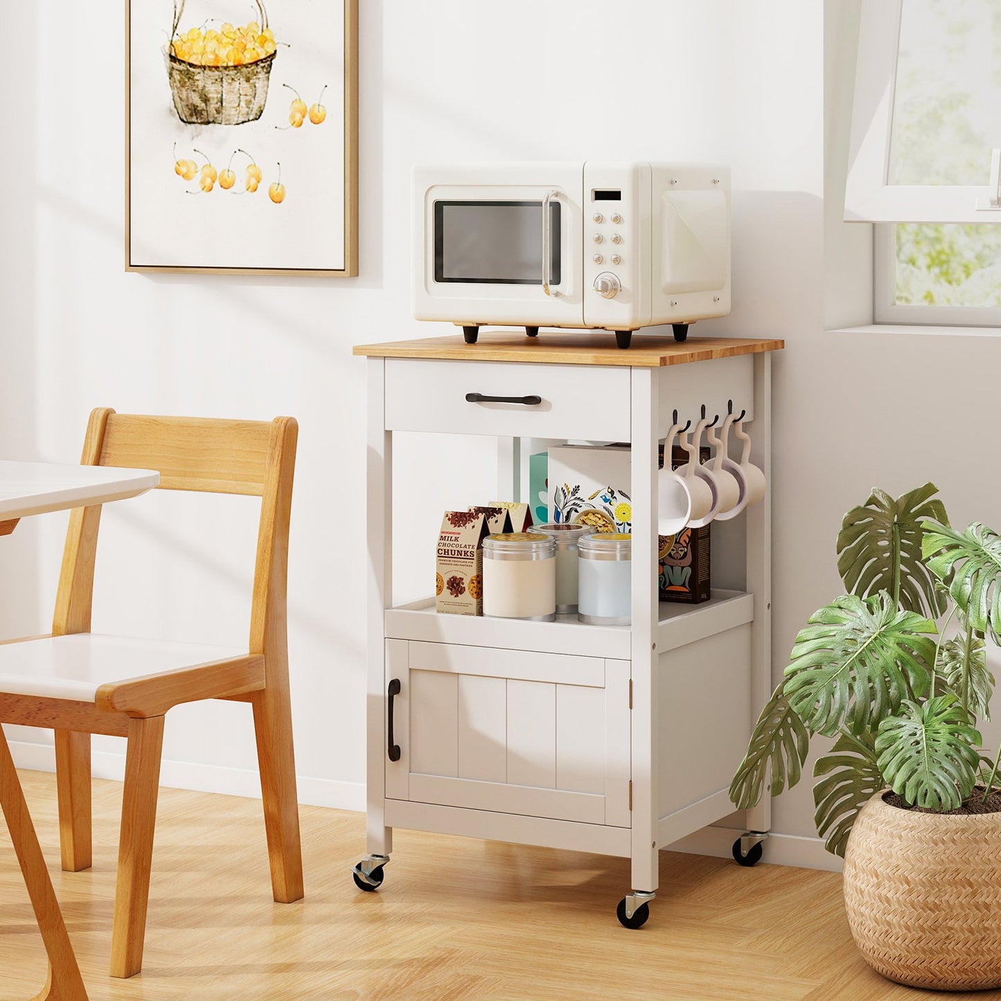Rolling Kitchen Island Cart with Drawer and Side Hooks-Black