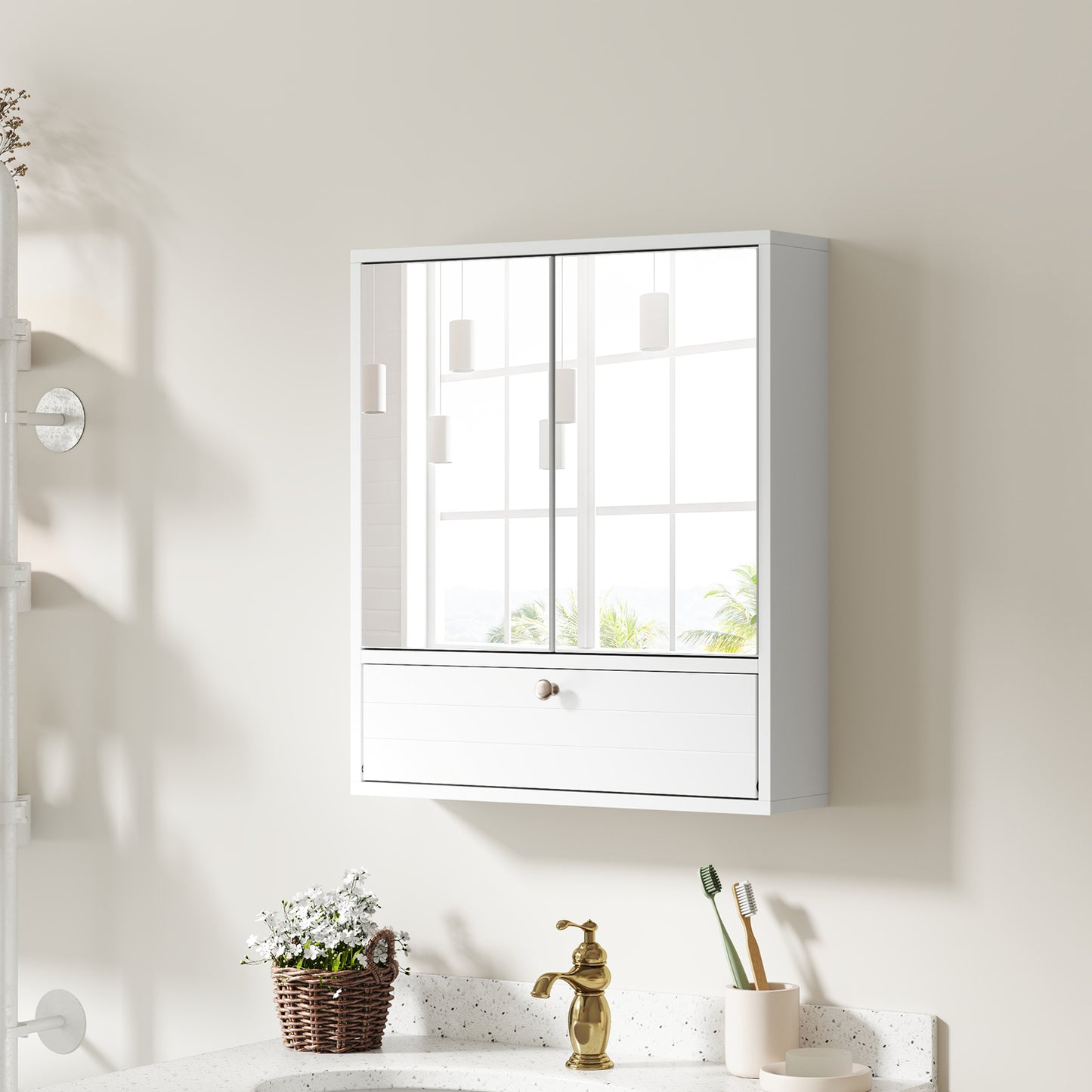 Bathroom Double Mirror Door Wall Mount Storage Wood Cabinet