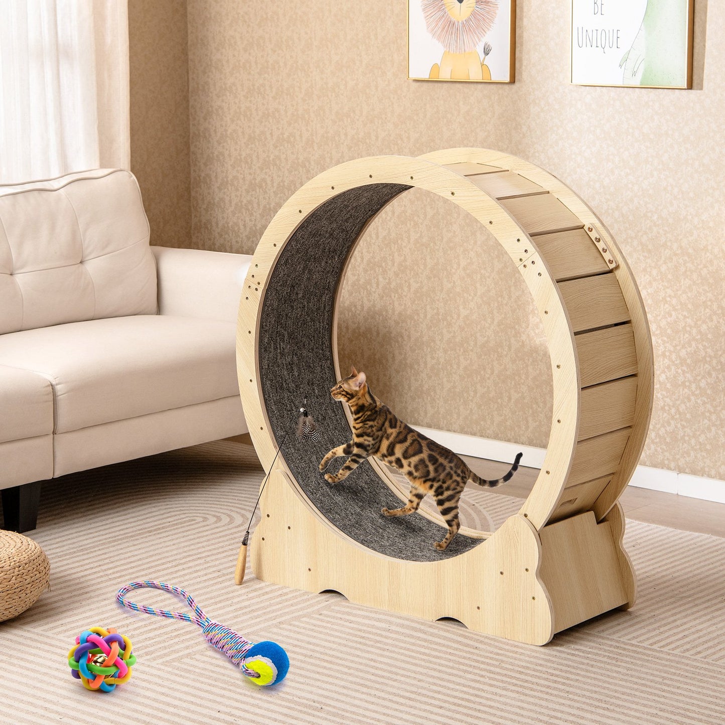40 Inch Large Cat Exercise Wheel with Lockable Mechanism and Carpeted Runaway for Indoor Cats-Natural