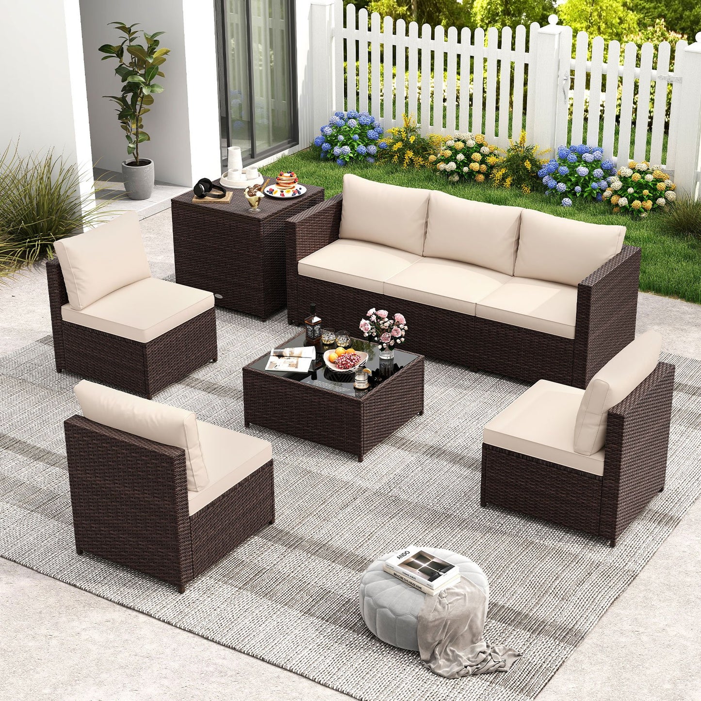 8 Piece Patio Furniture Set with Storage Box and Tempered Glass Coffee Table-Beige