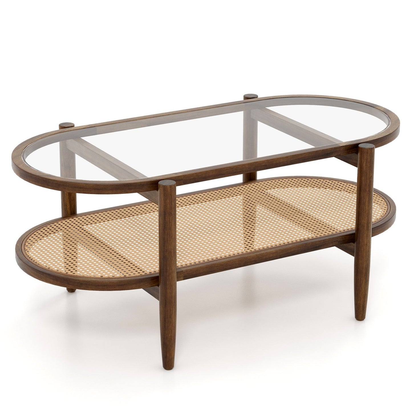 2-Tier Coffee Table with Tempered Glass Tabletop and Acacia Wood Frame-Black