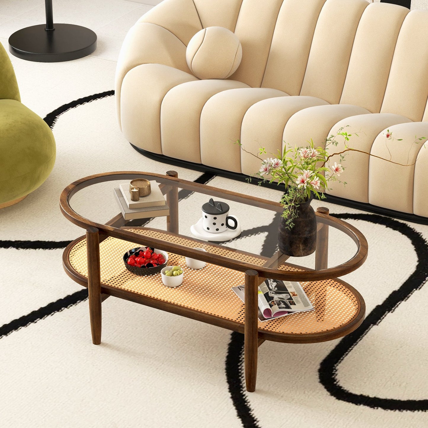 2-Tier Coffee Table with Tempered Glass Tabletop and Acacia Wood Frame-Black