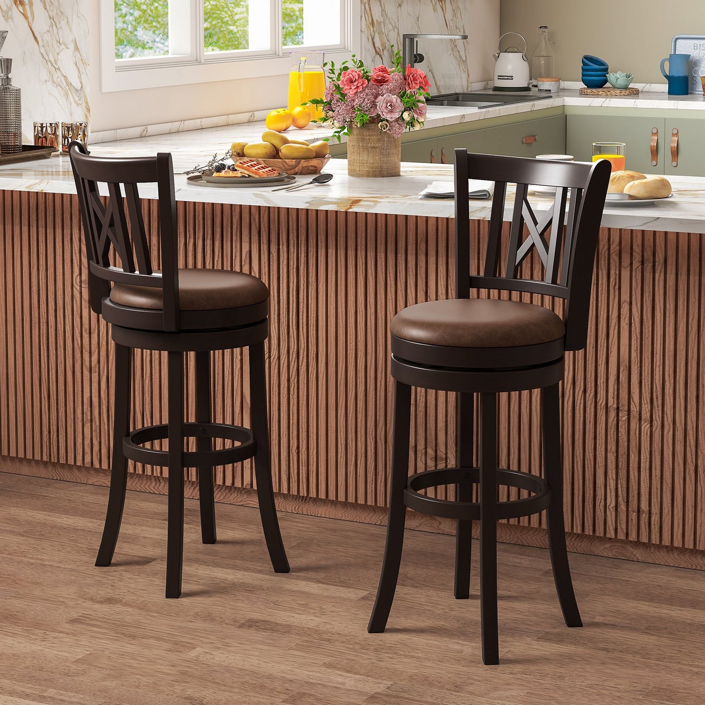 Set of 2 Bar Stools Swivel Bar Chairs with Footrest and Hollowed Backrest-26 inches