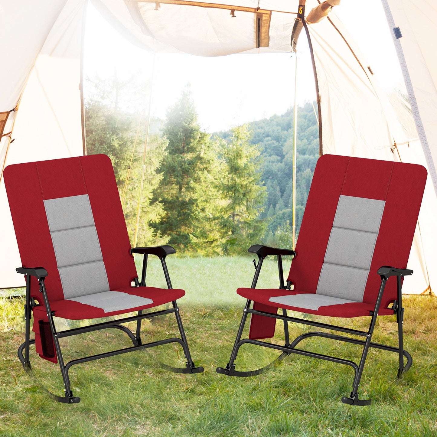 Foldable Rocking Padded Portable Camping Chair with Backrest and Armrest-Blue