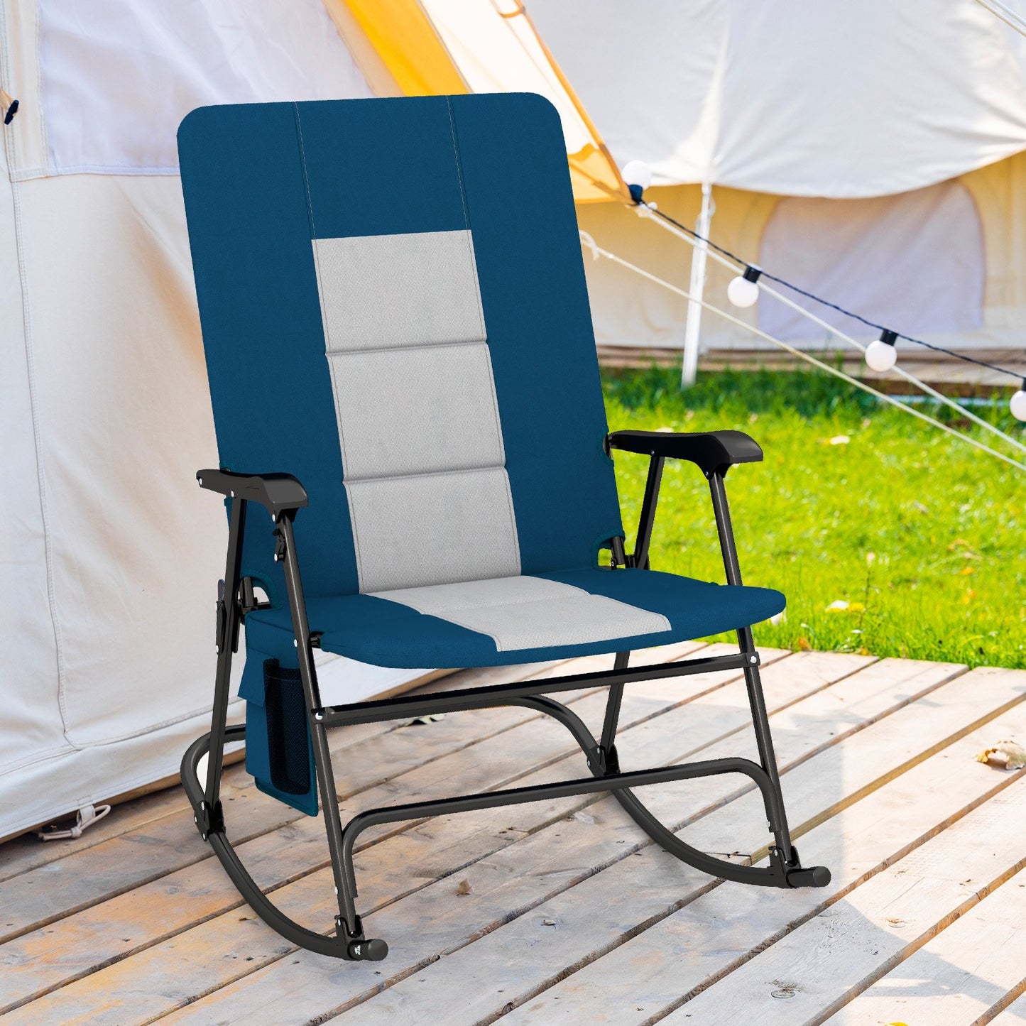 Foldable Rocking Padded Portable Camping Chair with Backrest and Armrest-Blue