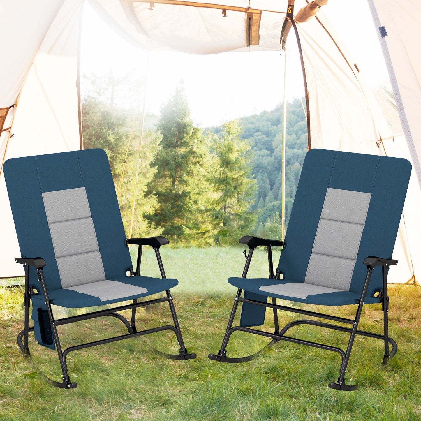 Foldable Rocking Padded Portable Camping Chair with Backrest and Armrest-Blue