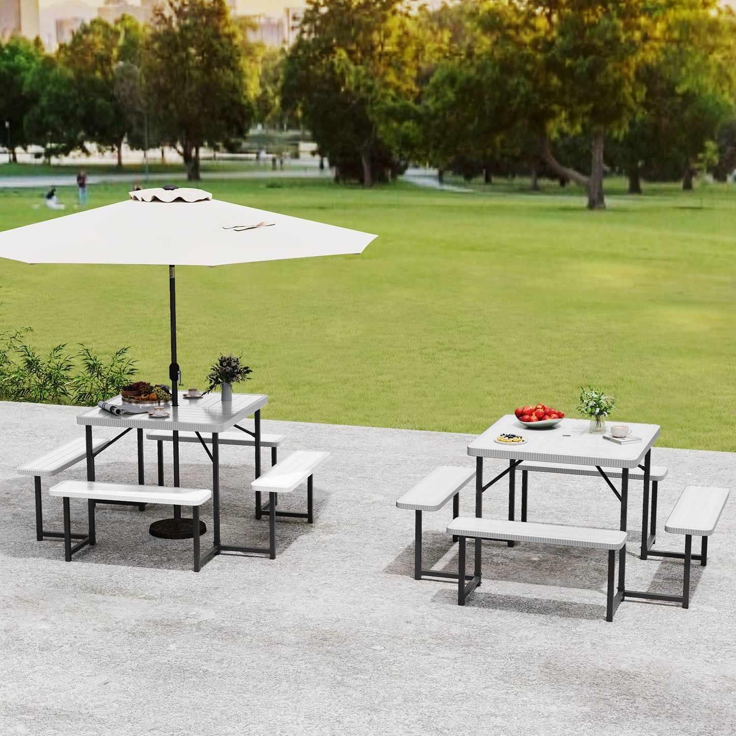 Outdoor Square Picnic Table Bench Set for 4-8 People with Umbrella Hole-Black