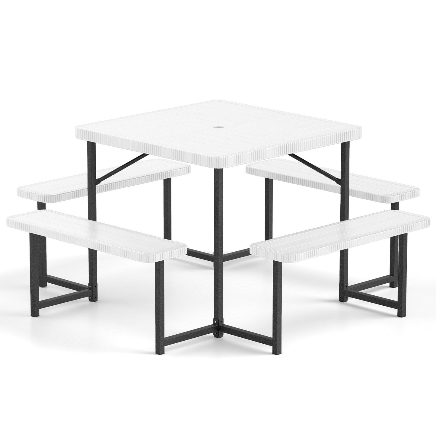 Outdoor Square Picnic Table Bench Set for 4-8 People with Umbrella Hole-Black