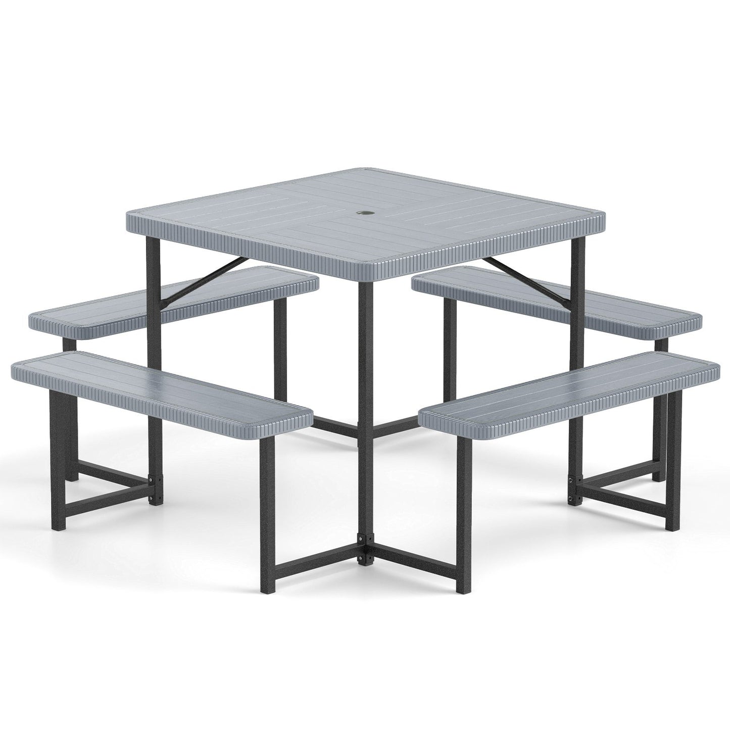 Outdoor Square Picnic Table Bench Set for 4-8 People with Umbrella Hole-Black