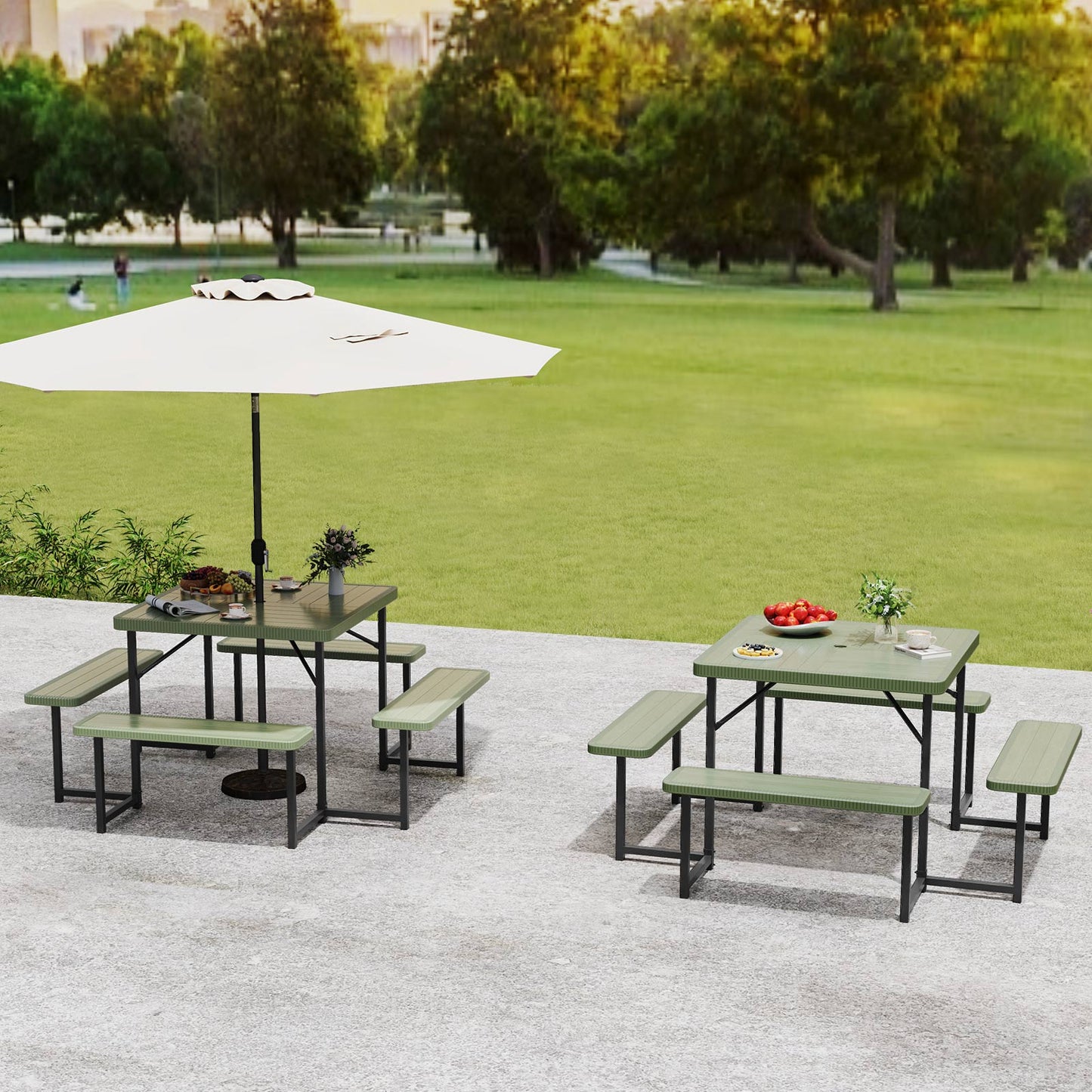Outdoor Square Picnic Table Bench Set for 4-8 People with Umbrella Hole-Black