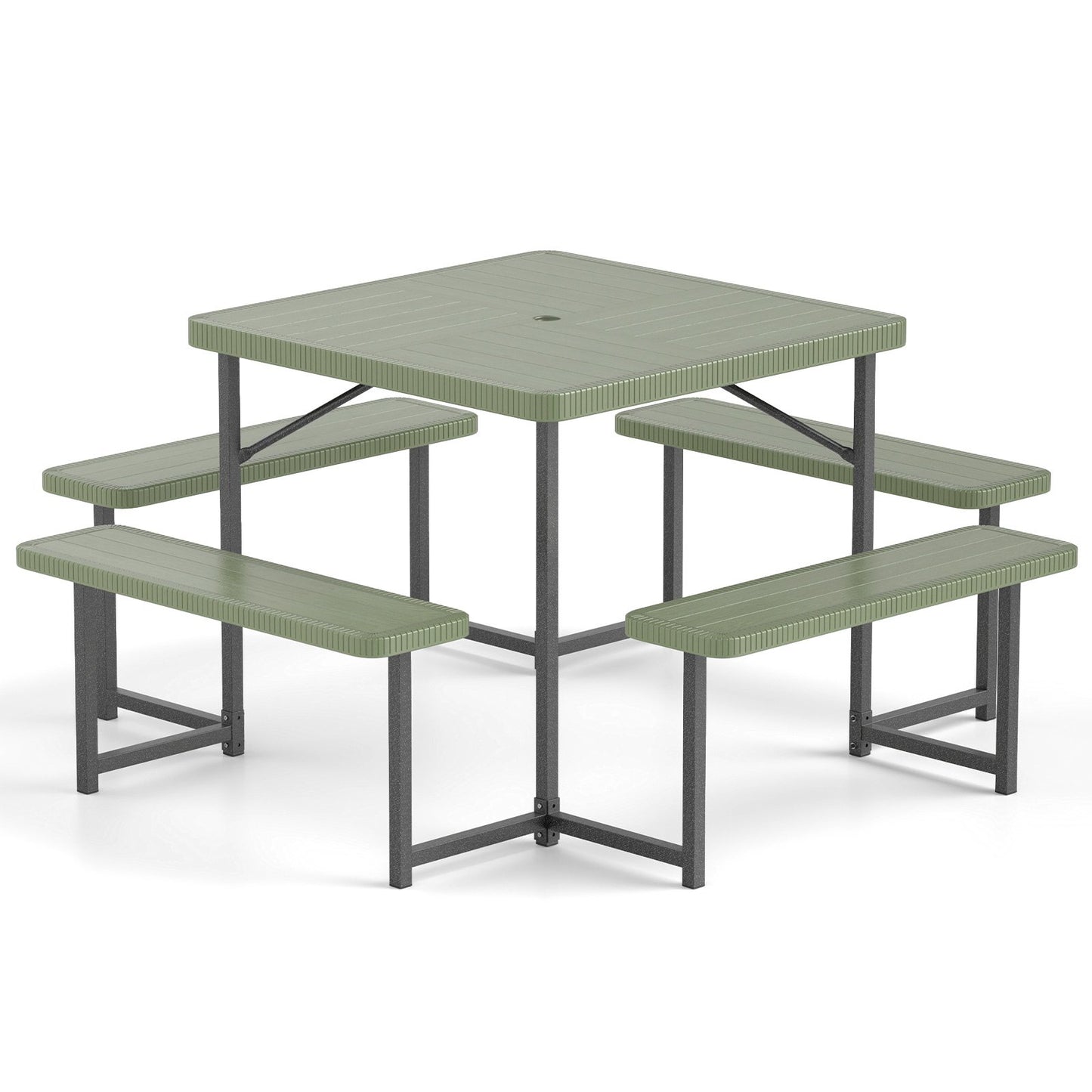 Outdoor Square Picnic Table Bench Set for 4-8 People with Umbrella Hole-Black