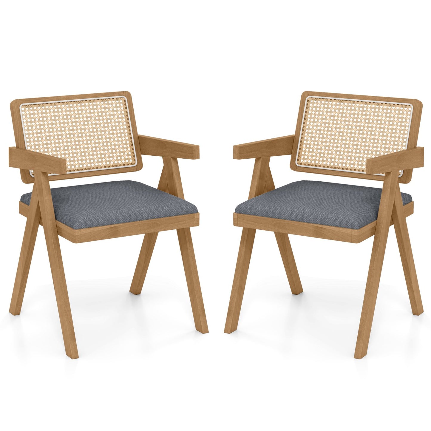 Set of 2 Rattan Accent Chairs with Padded Cushion and Rubber Wood Frame-Beige