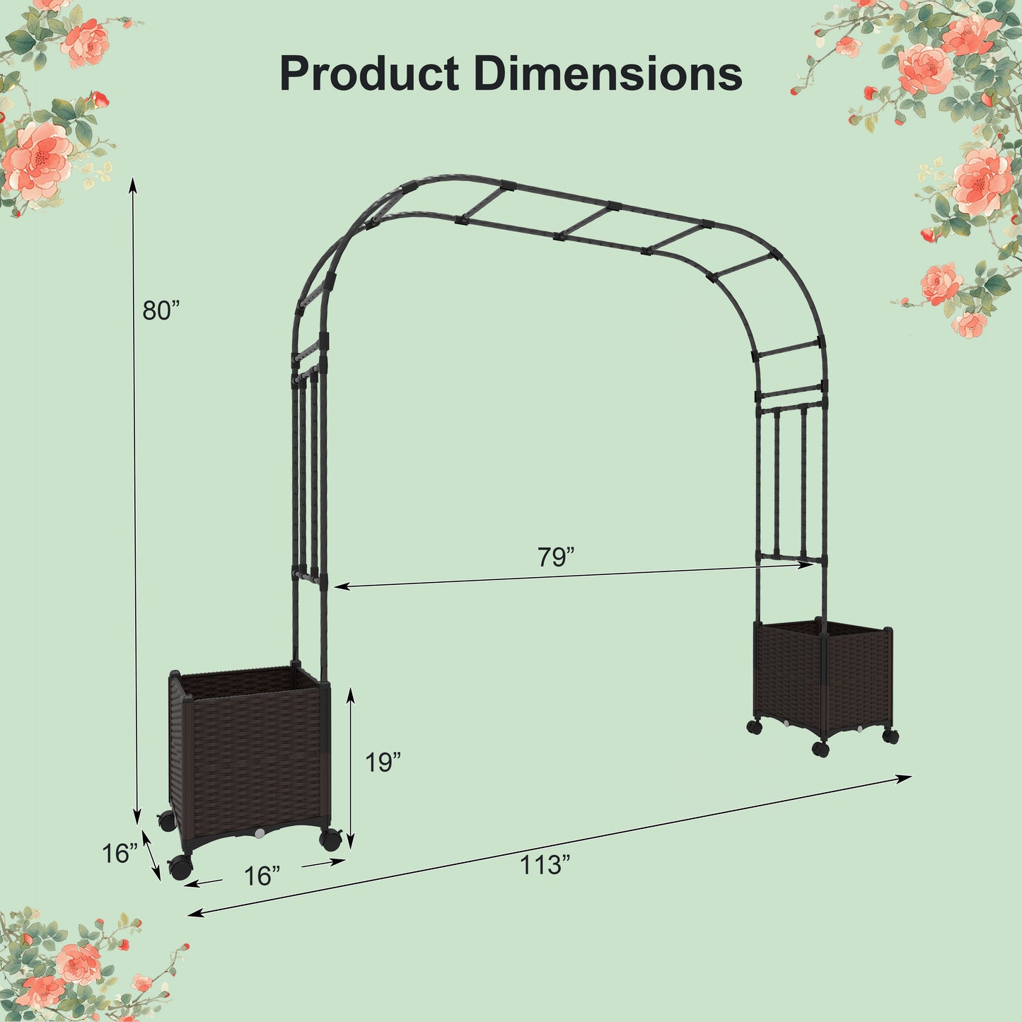 6.6 Feet Garden Arch Trellis with 2 Planter Boxes and Lockable Wheels-Black