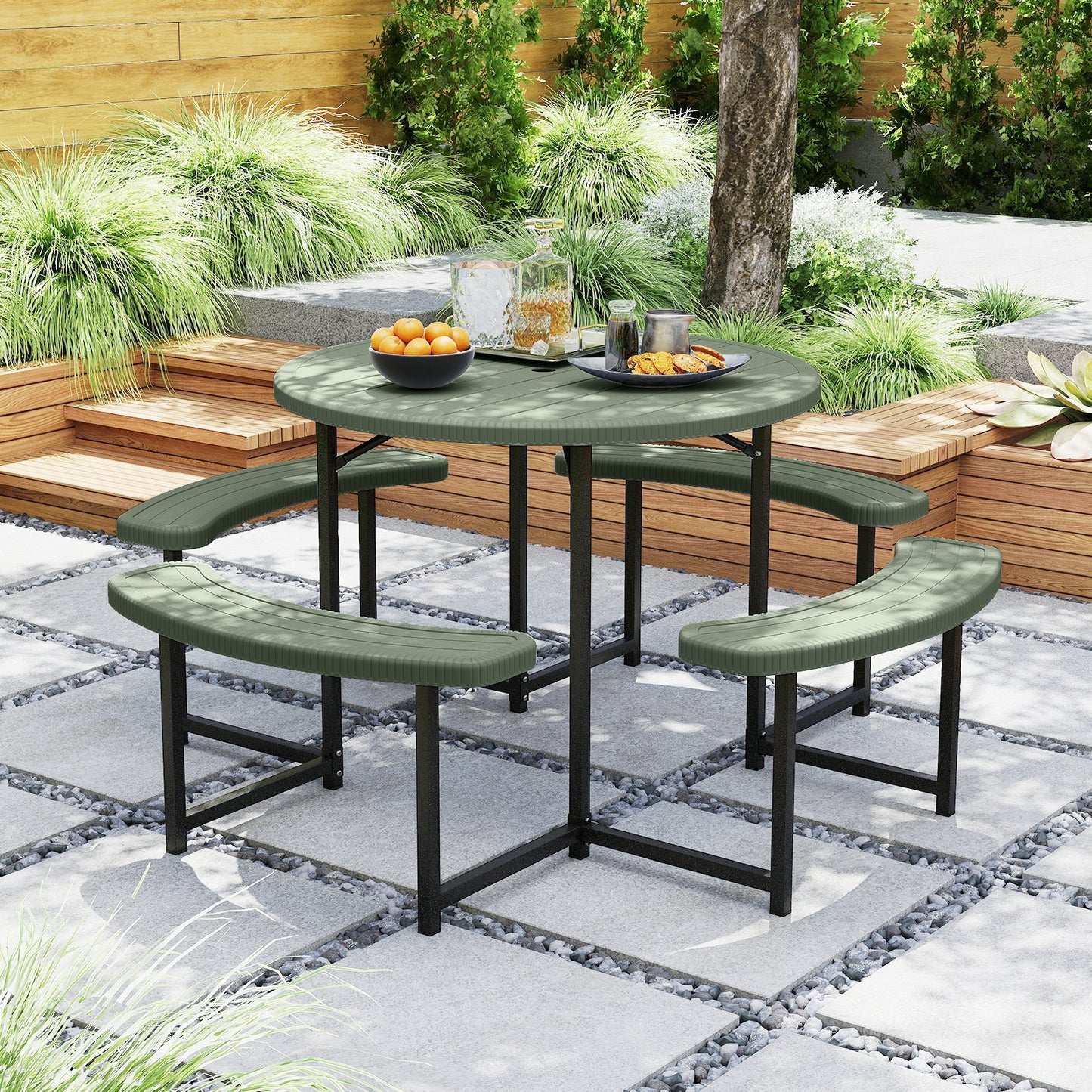 Round Picnic Table Bench Set with 4 Benches and Umbrella Hole for Patio Lawn-Black