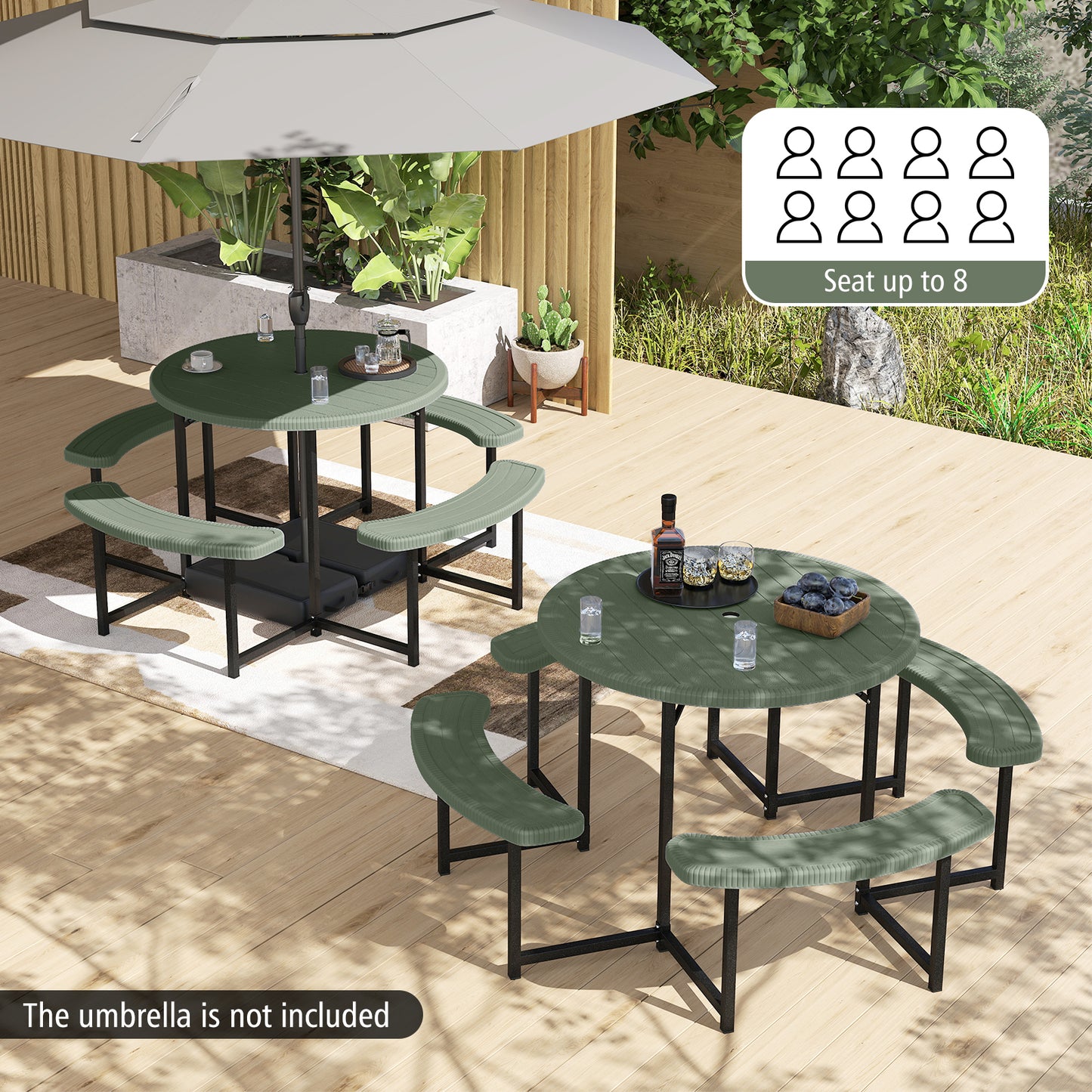 Round Picnic Table Bench Set with 4 Benches and Umbrella Hole for Patio Lawn-Black