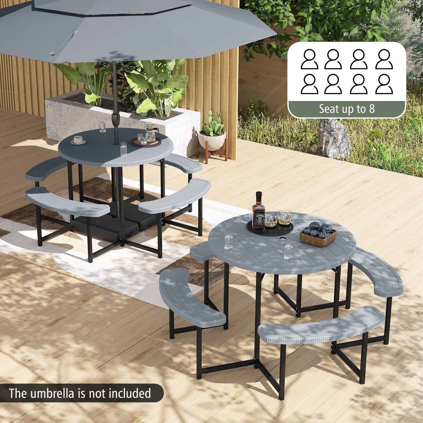 Round Picnic Table Bench Set with 4 Benches and Umbrella Hole for Patio Lawn-Black