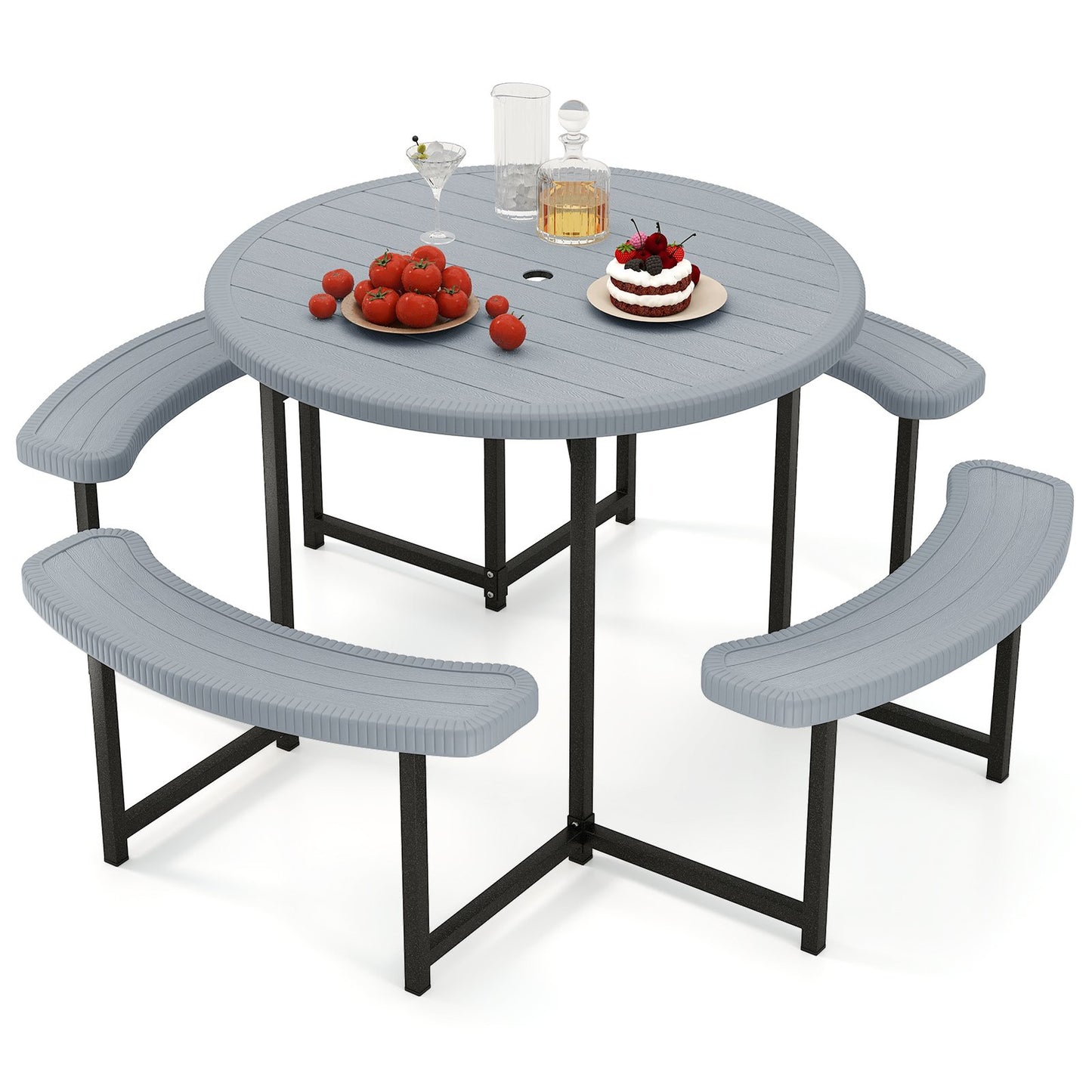 Round Picnic Table Bench Set with 4 Benches and Umbrella Hole for Patio Lawn-Black