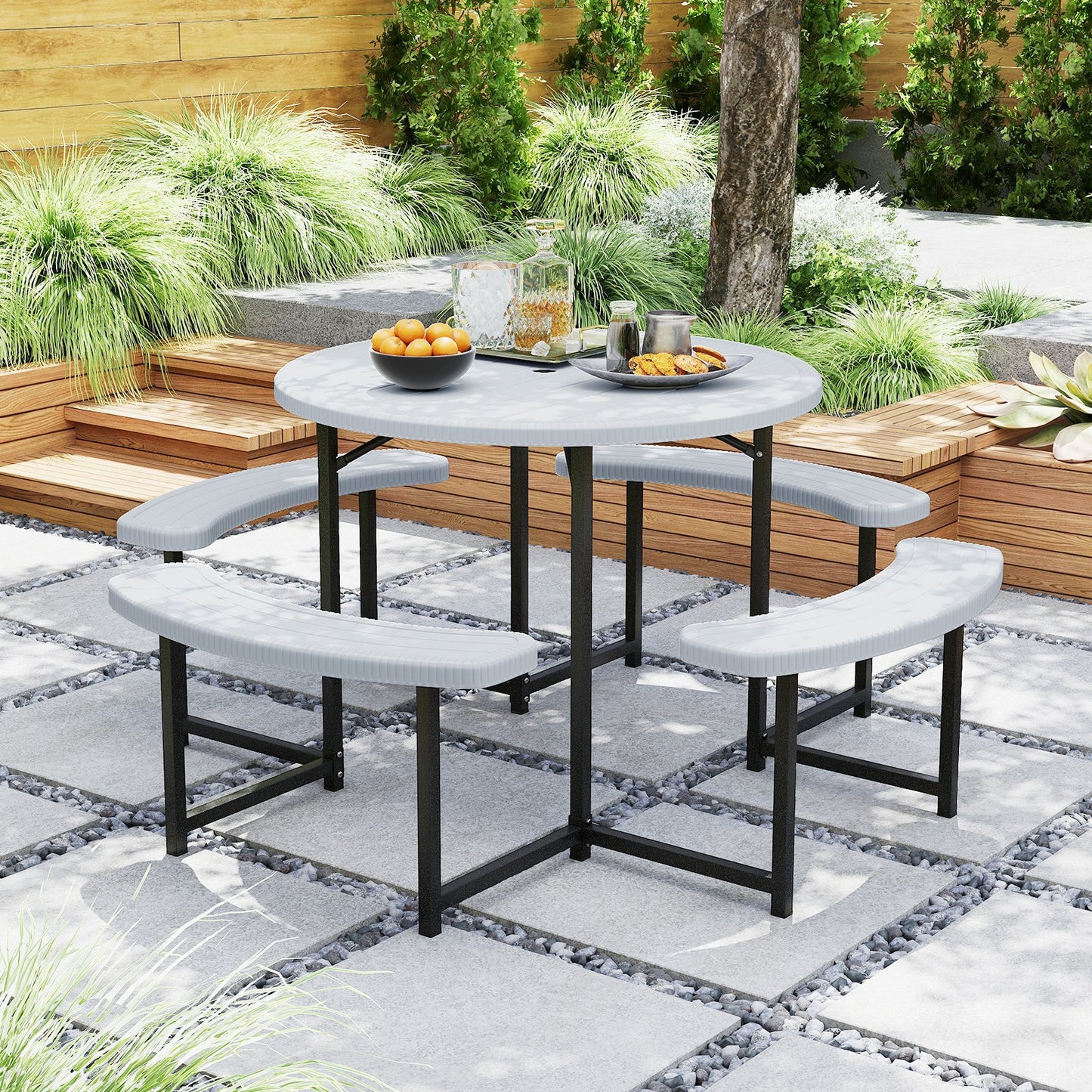 Round Picnic Table Bench Set with 4 Benches and Umbrella Hole for Patio Lawn-Black