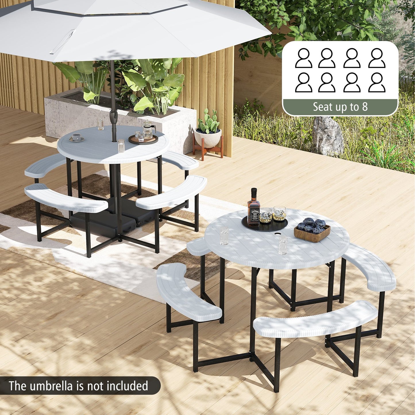 Round Picnic Table Bench Set with 4 Benches and Umbrella Hole for Patio Lawn-Black