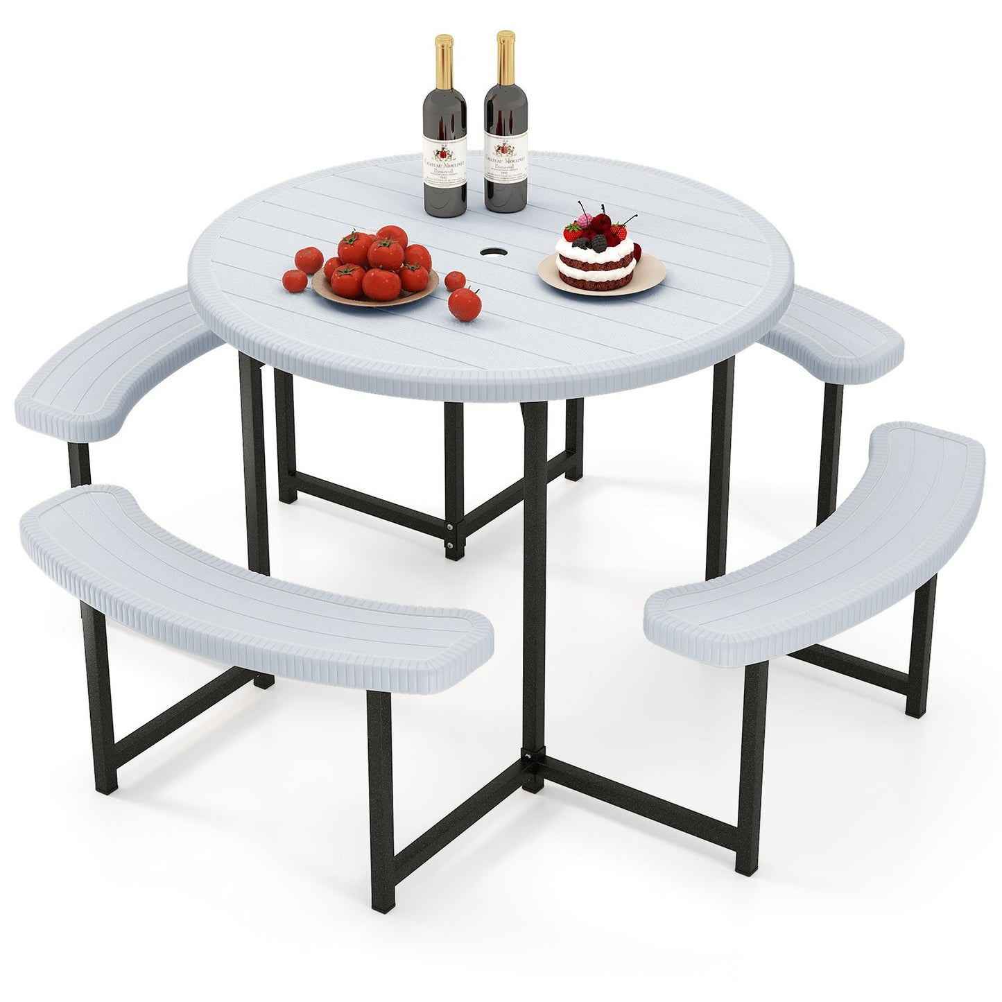Round Picnic Table Bench Set with 4 Benches and Umbrella Hole for Patio Lawn-Black