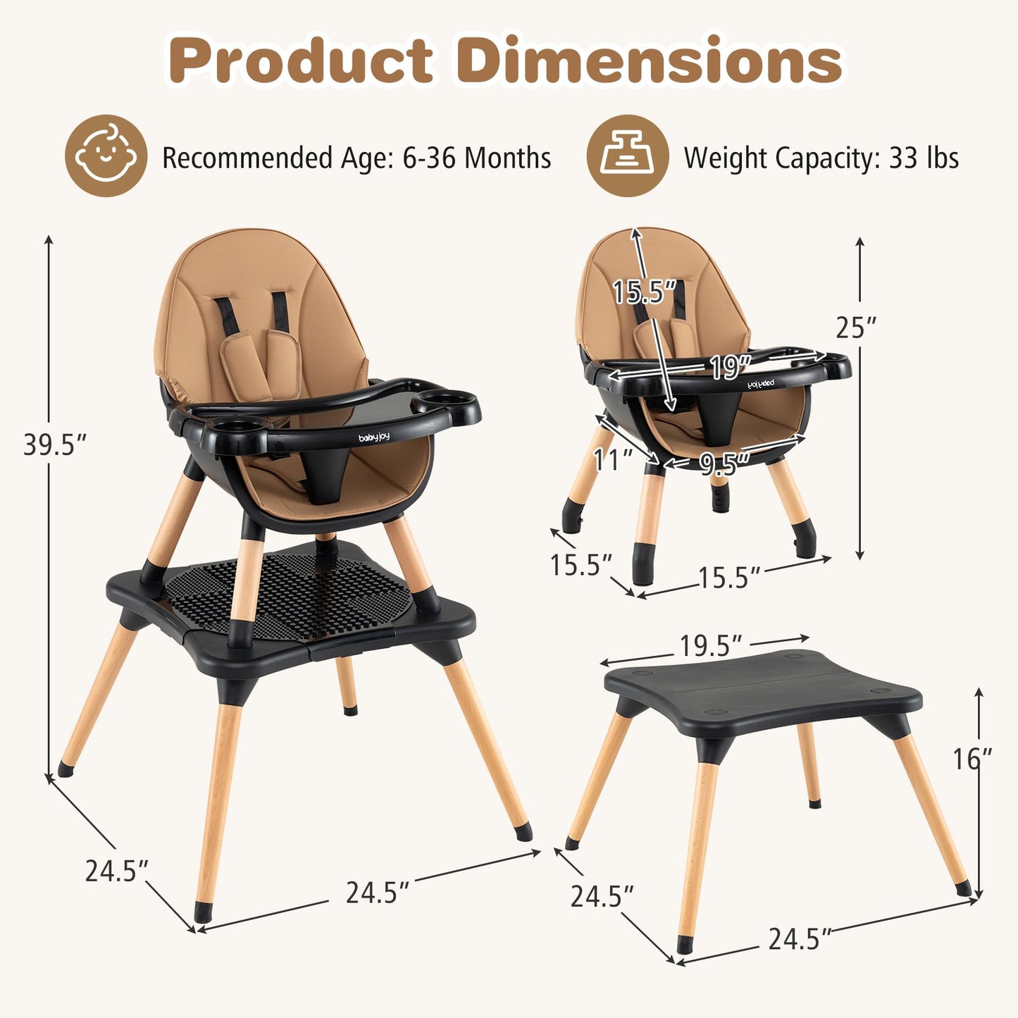 5-in-1 Baby Wooden Convertible High Chair -Khaki