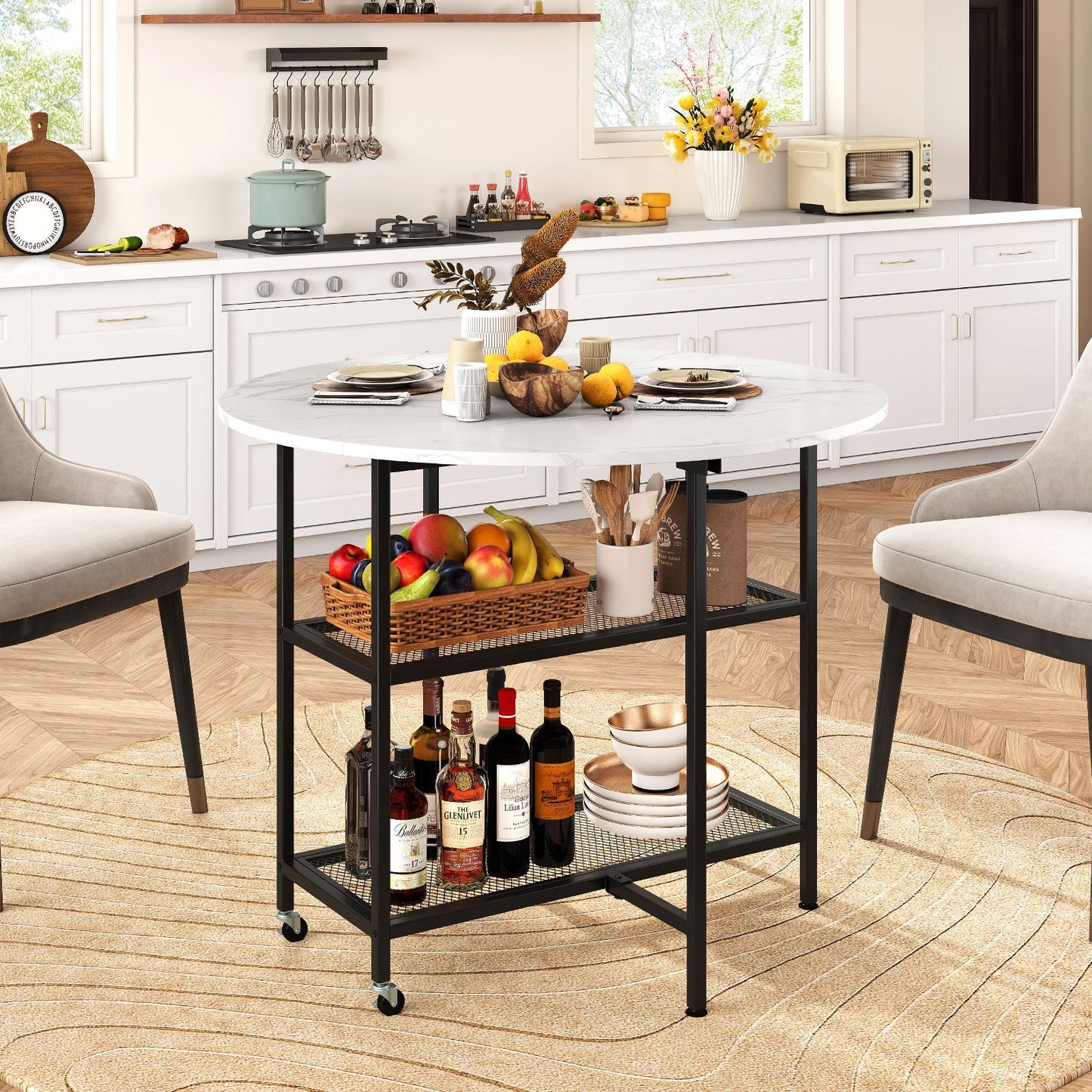 Folding Round Dining Table with Lockable Wheels-Black