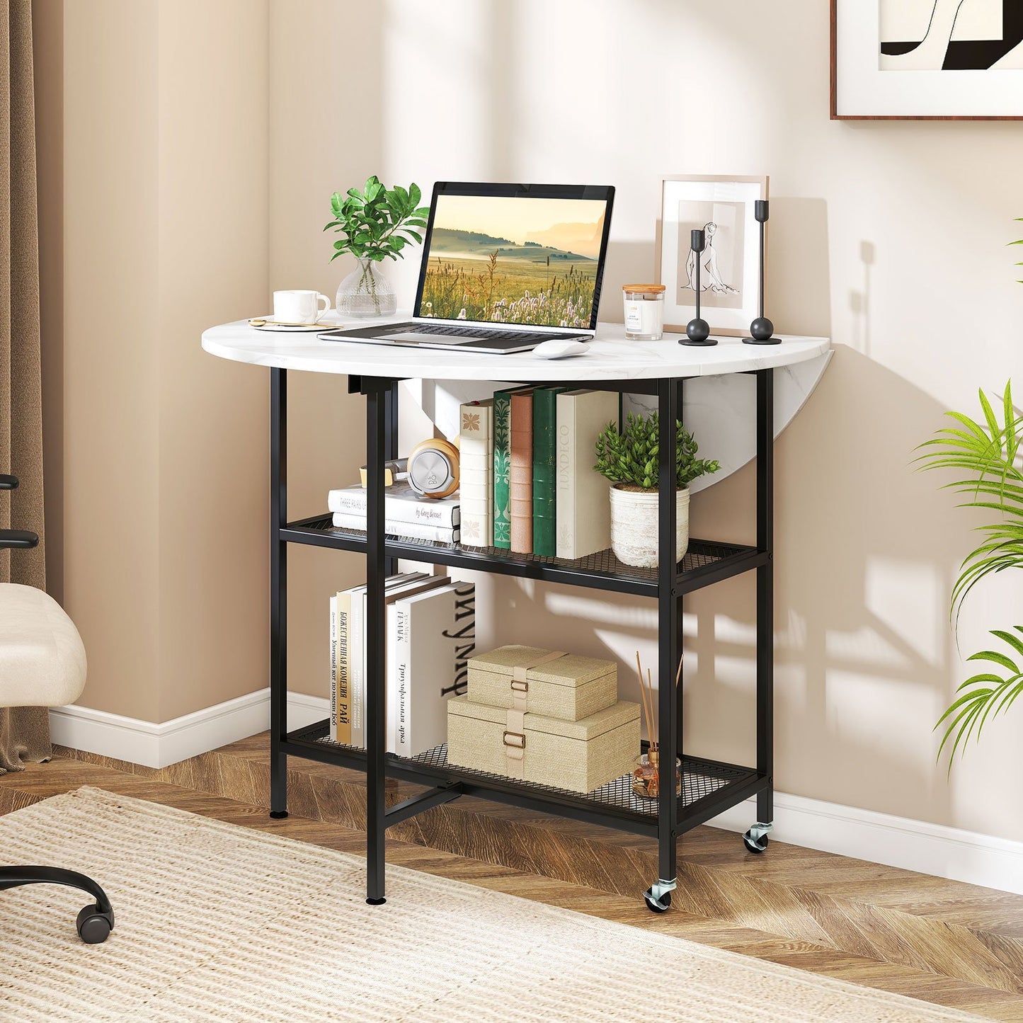 Folding Round Dining Table with Lockable Wheels-Black