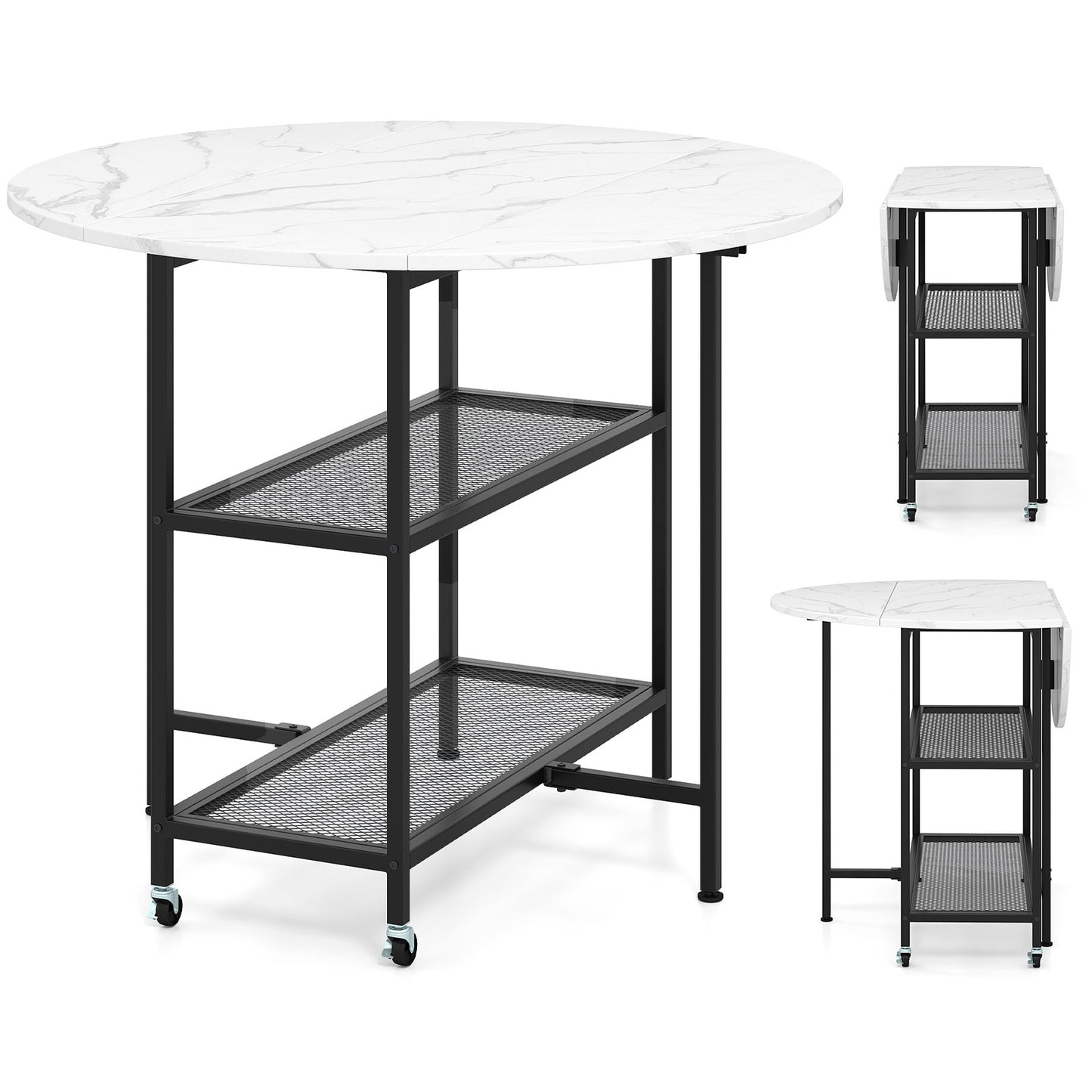 Folding Round Dining Table with Lockable Wheels-Black
