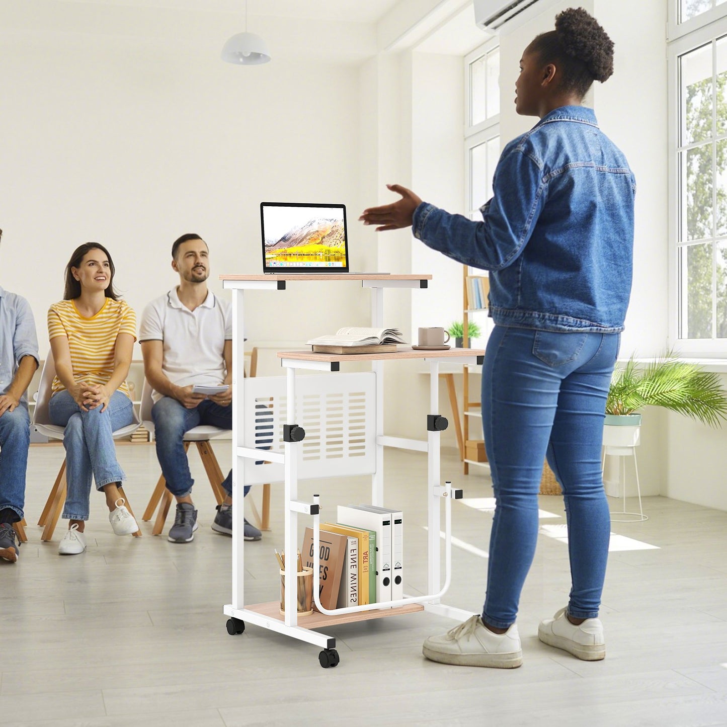 Height Adjustable Mobile Computer Stand-Up Desk with 2 Modes