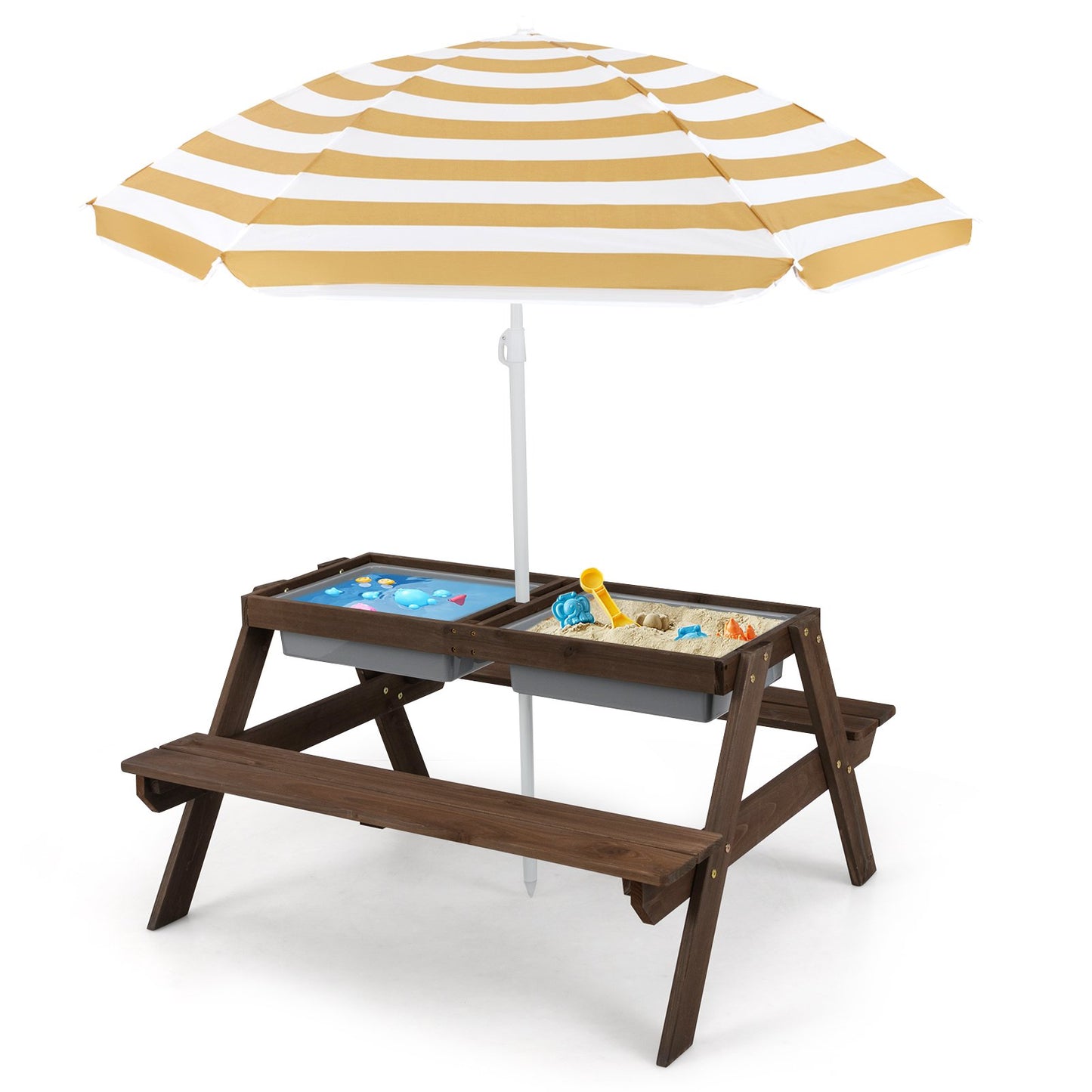 3-in-1 Kids Outdoor Picnic Water Sand Table with Umbrella Play Boxes-Blue