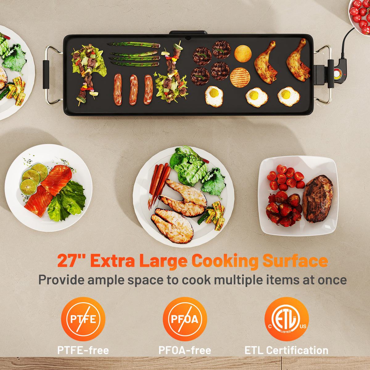 Large 27-inch electric griddle with nonstick surface and adjustable temperature, ideal for grilling and cooking in the kitchen.