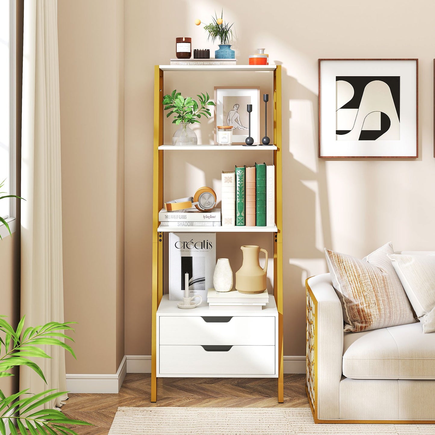 4-Tier Ladder Shelf with 2 Drawers 52.5 Inch Tall Freestanding Bookcase-Rustic Brown
