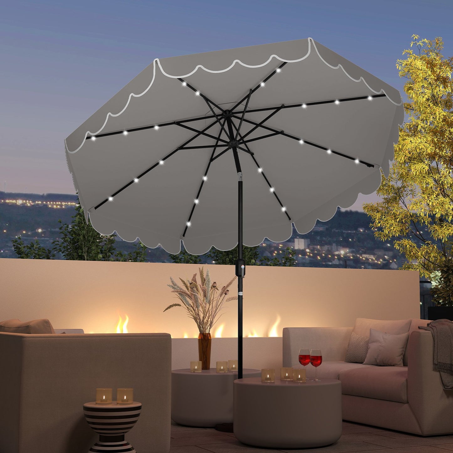 9.3 Feet Solar Patio Umbrella with 24 LED Lights Vented Top and Ruffles-Beige