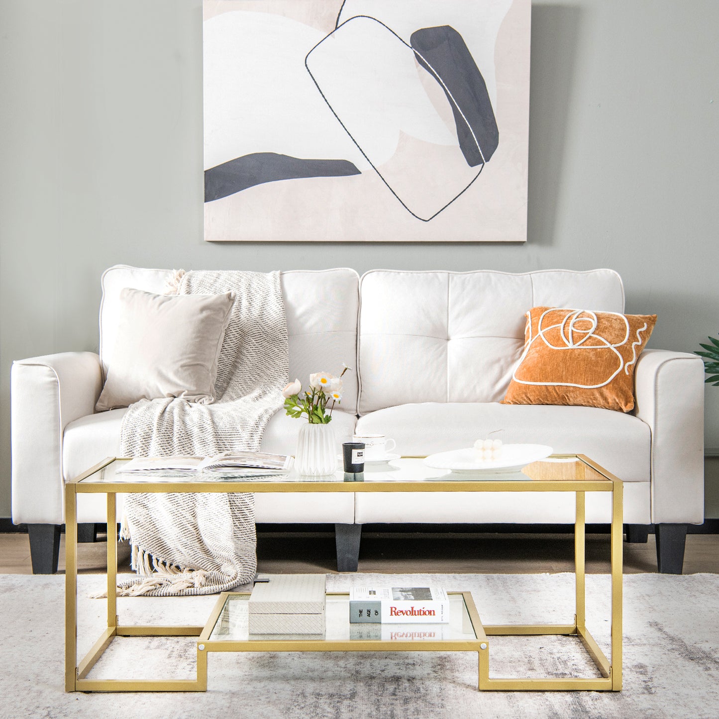 Modern Rectangular Coffee Table with Glass Table Top-Black