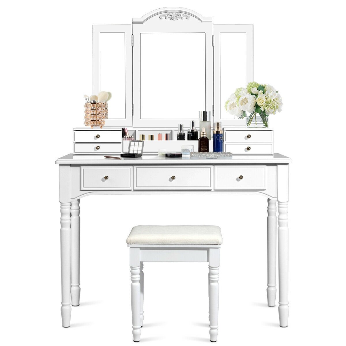 Makeup Dressing Table with Tri-Folding Mirror and Cushioned Stool for Women-Brown