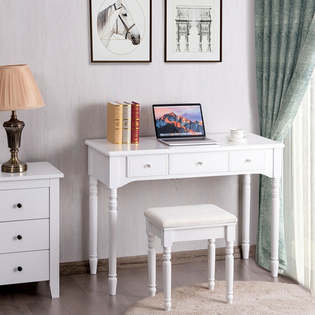 Makeup Dressing Table with Tri-Folding Mirror and Cushioned Stool for Women-Brown