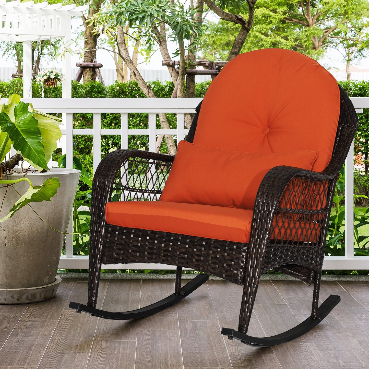 Patio Rattan Rocking Chair with Seat Back Cushions and Waist Pillow-Black