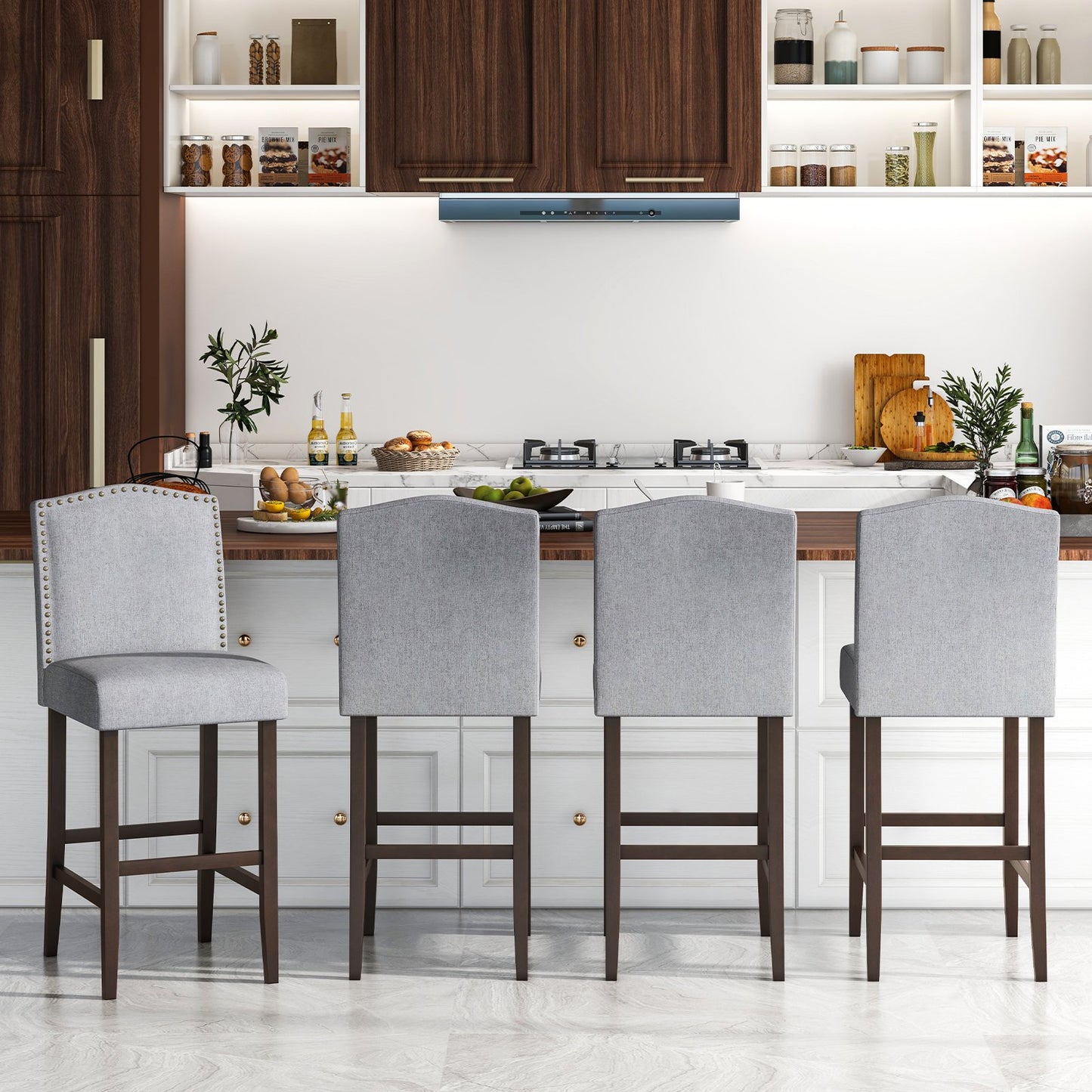 Set of 2 Bar Height Dining Side Barstools with Thick Cushion-Gray