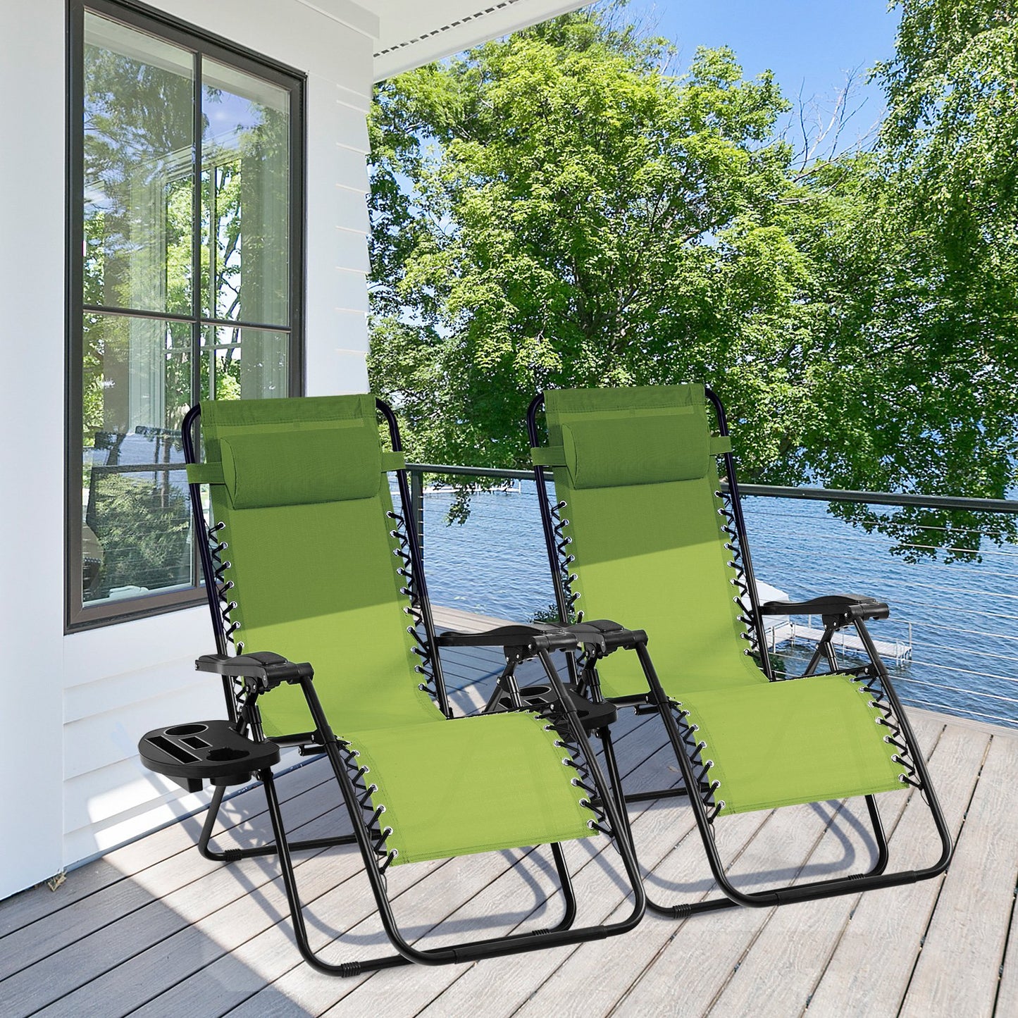 Outdoor Folding Zero Gravity Reclining Lounge Chair with Utility Tray-Beige