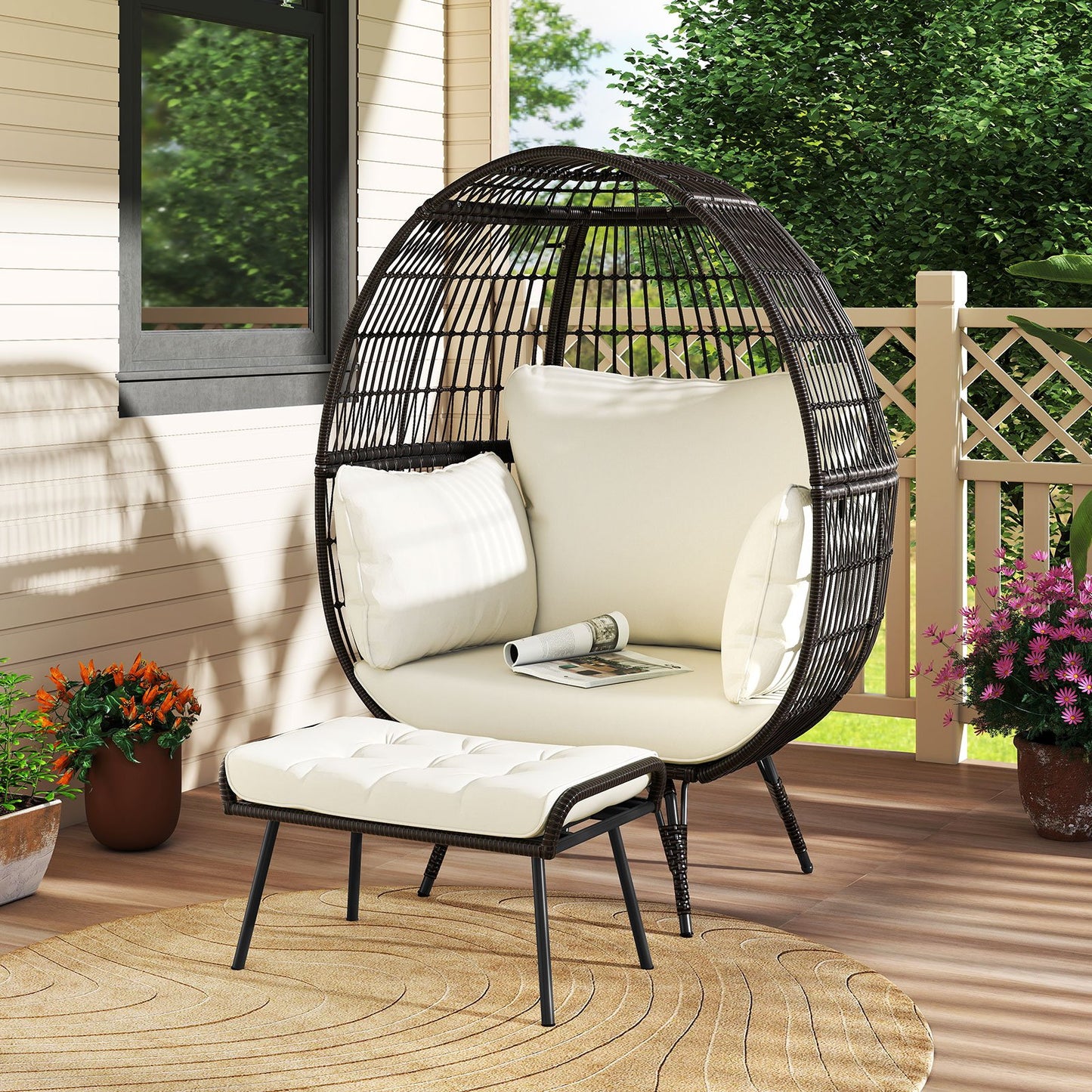 Oversized Indoor Wicker Egg Chair with Sturdy Metal Frame for Patio-Black