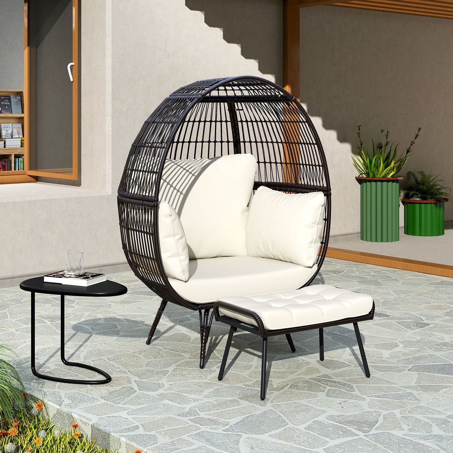 Oversized Indoor Wicker Egg Chair with Sturdy Metal Frame for Patio-Black