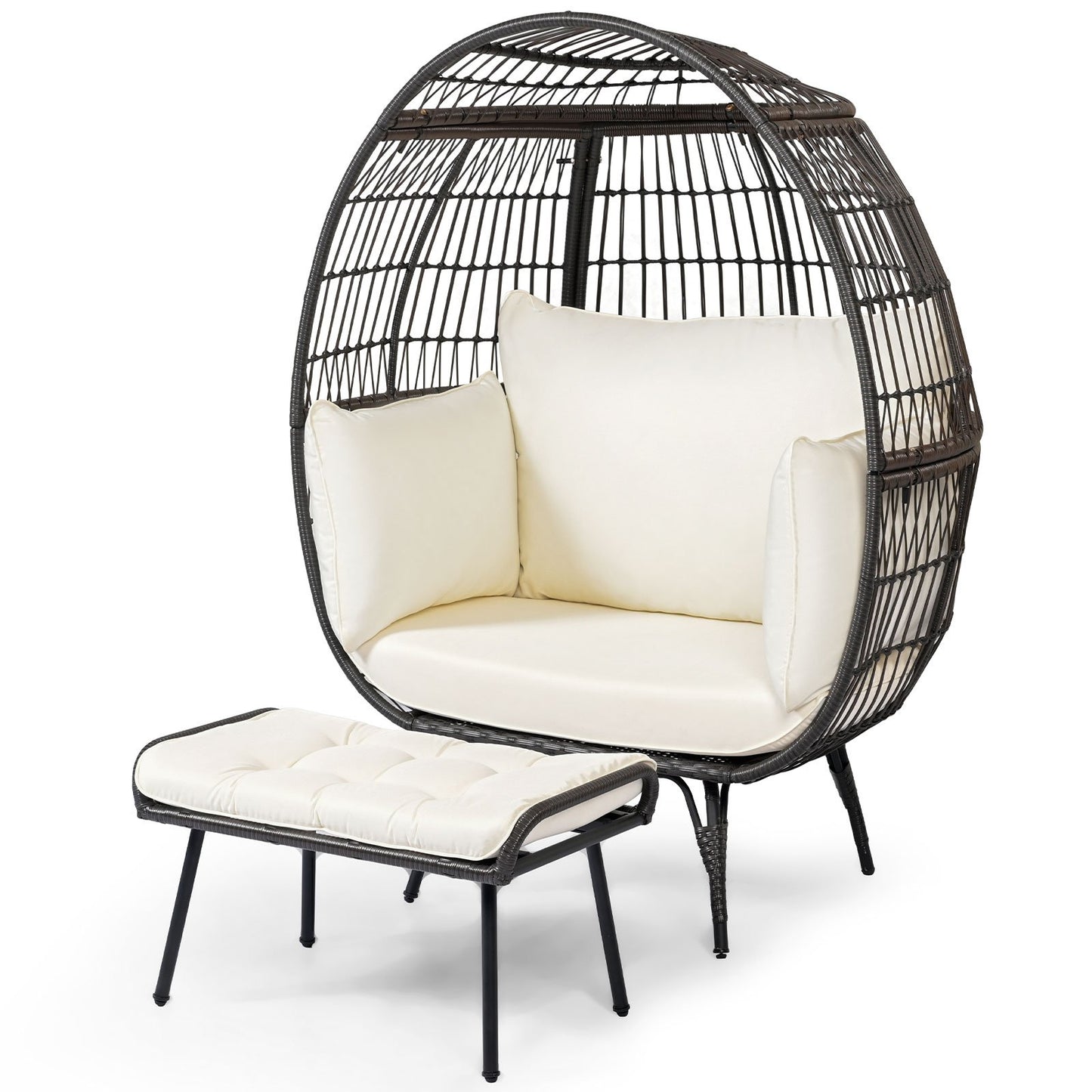 Oversized Indoor Wicker Egg Chair with Sturdy Metal Frame for Patio-Black