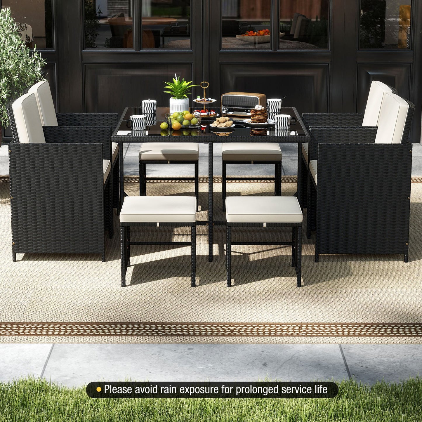 9 Piece Patio Dining Set with Tempered Glass Table and Ottoman-Beige
