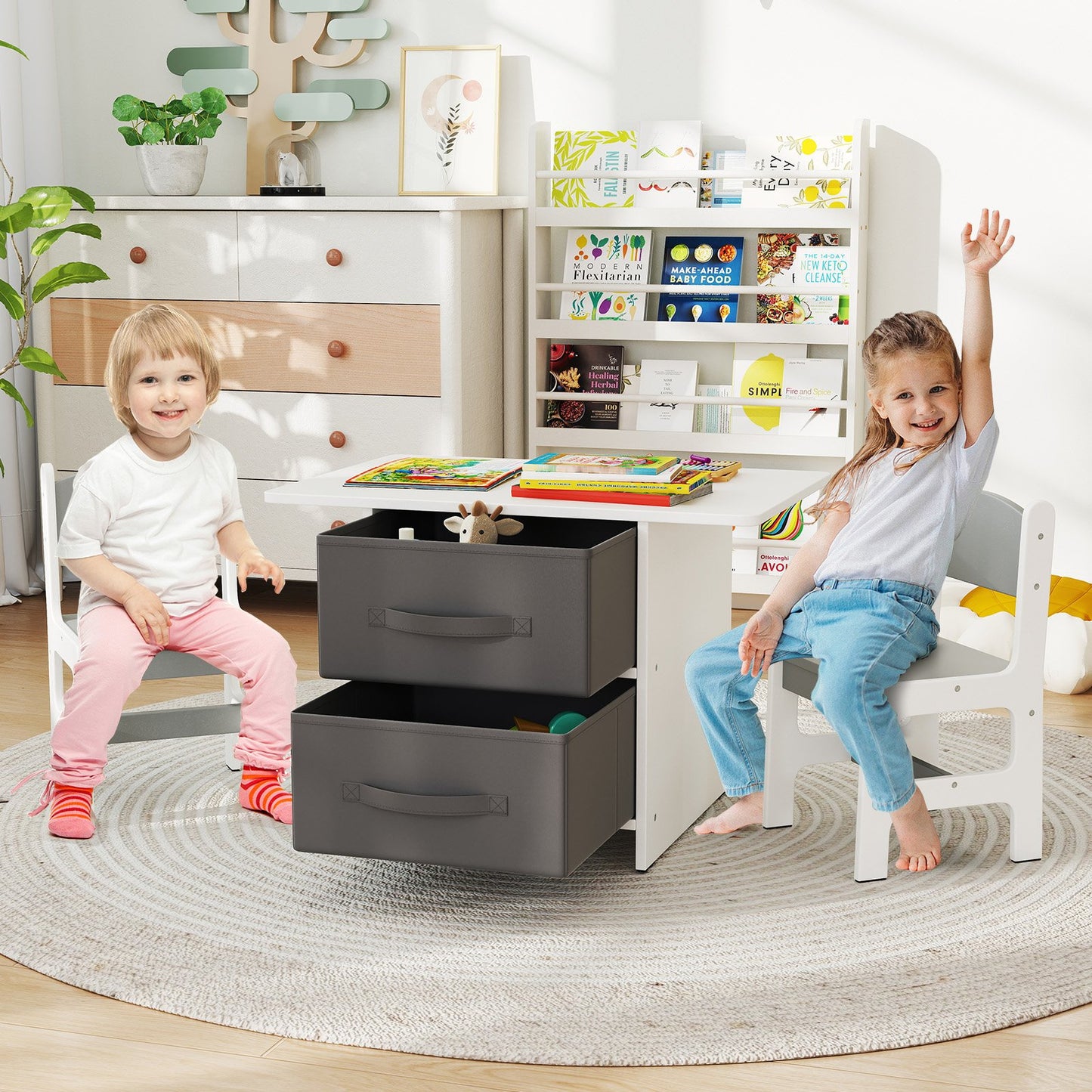 Kids Table and 2 Chairs Set Removable Storage Drawers